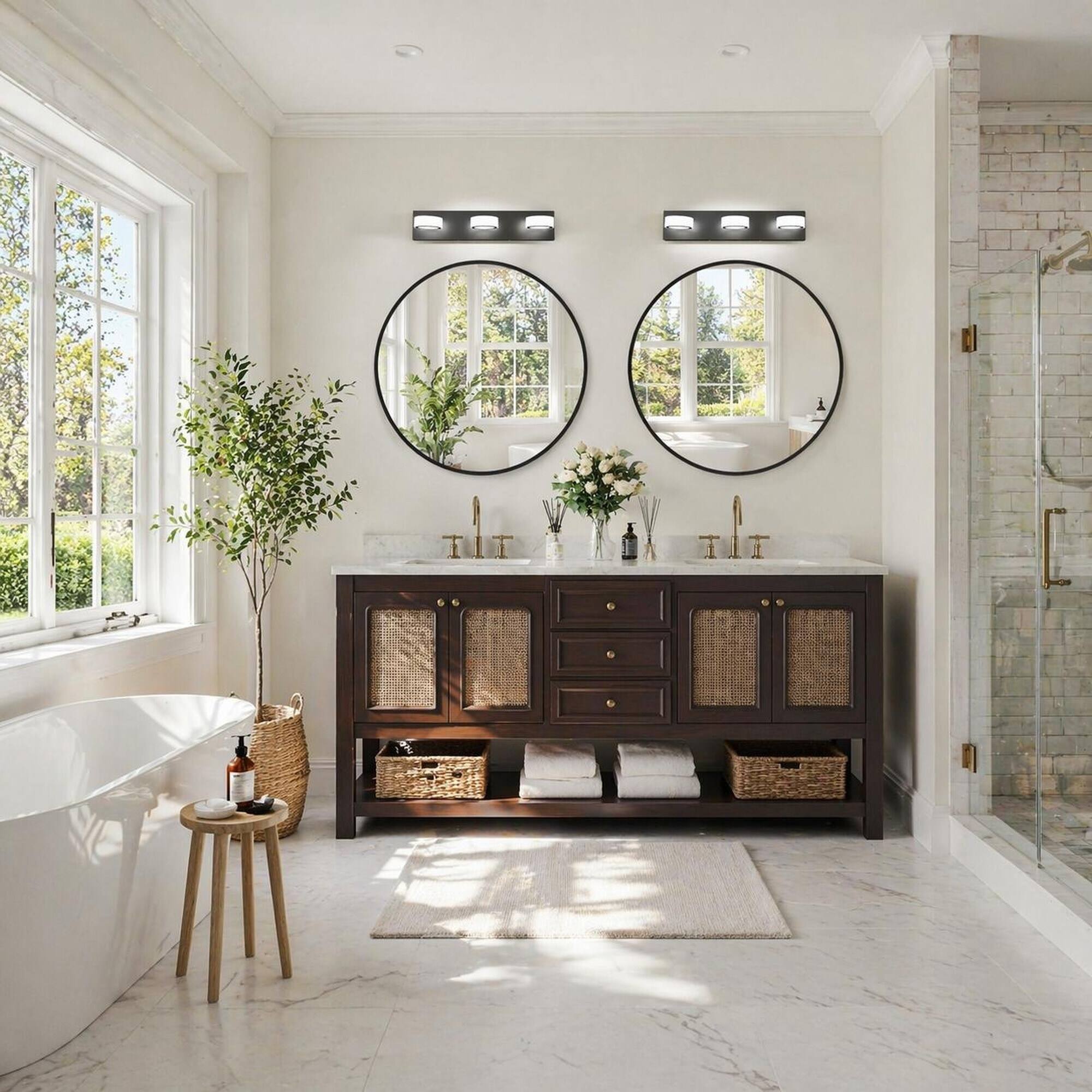 Back. RYHNUYNE - 21" LED Bathroom Vanity Light,3‑Light Modern Wall Lighting Fixture with Round Acrylic Shade for Bathroom Mirror - Black.