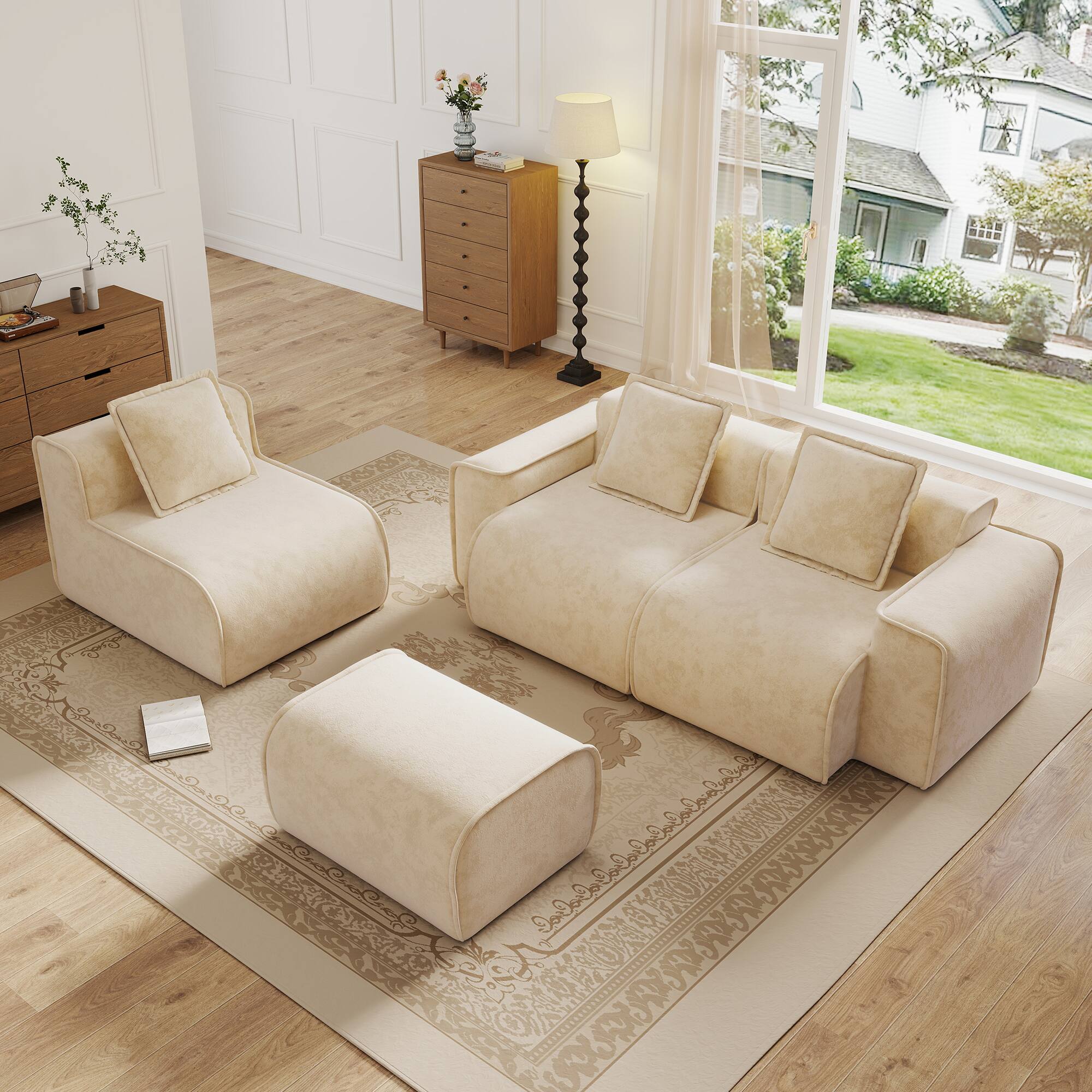 Angle. Anysun - Streamlined L-Shape Velvet Sectional Sofa - 3-Seat Boneless Design, No Assembly, Includes Pillows & Ottoman - Cream.