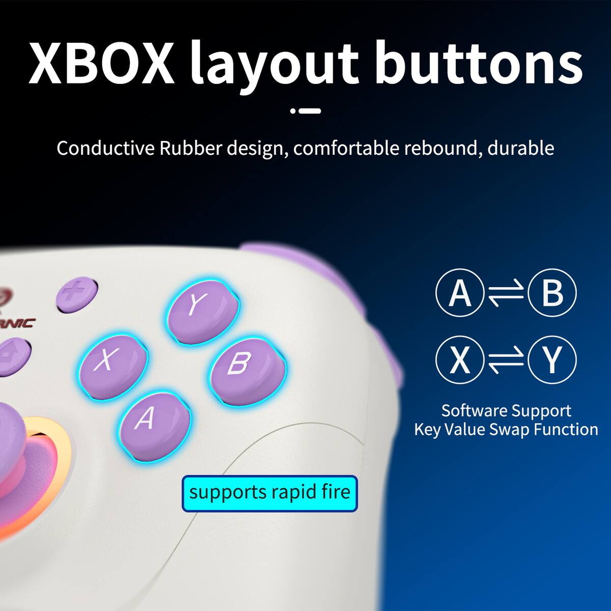 XBOX layout buttons  
Conductive Rubber design, comfortable rebound, durable  
Software Support Key Value Swap Function  
supports rapid fire