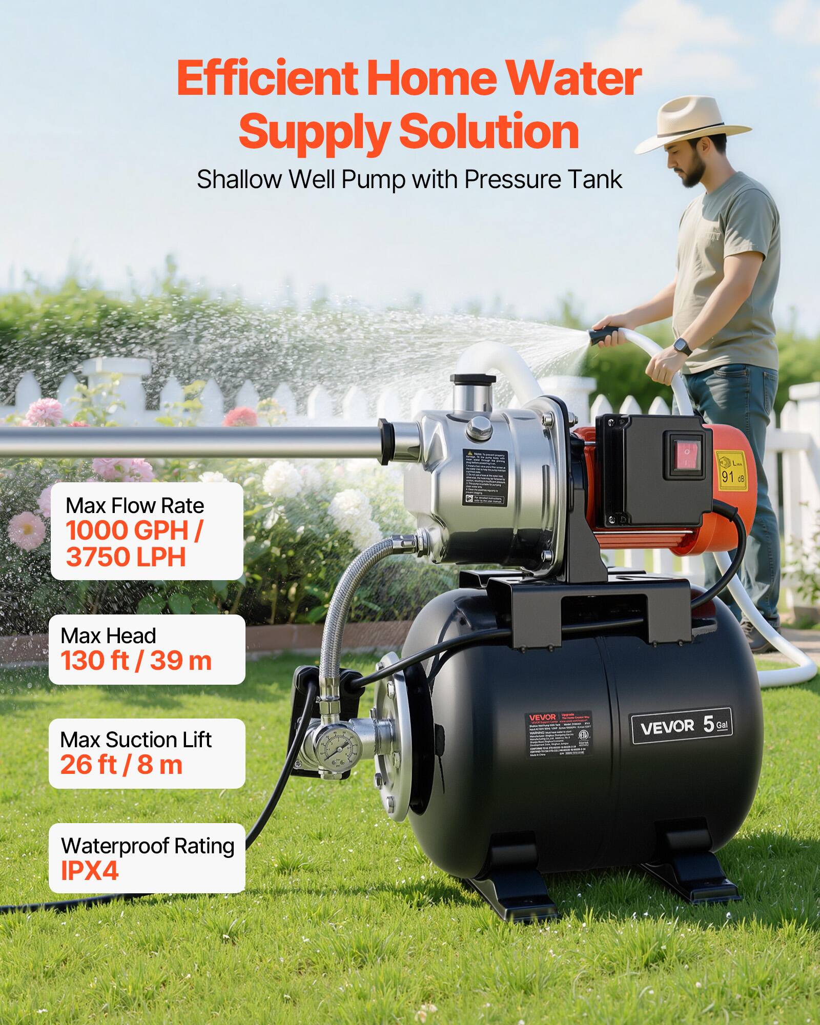 Efficient Home Water Supply Solution  
Shallow Well Pump with Pressure Tank

Max Flow Rate 1000 GPH / 3750 LPH  
Max Head 130 ft / 39 m  
Max Suction Lift 26 ft / 8 m  
Waterproof Rating IPX4  

VEVOR  
VEVOR 5 Gal