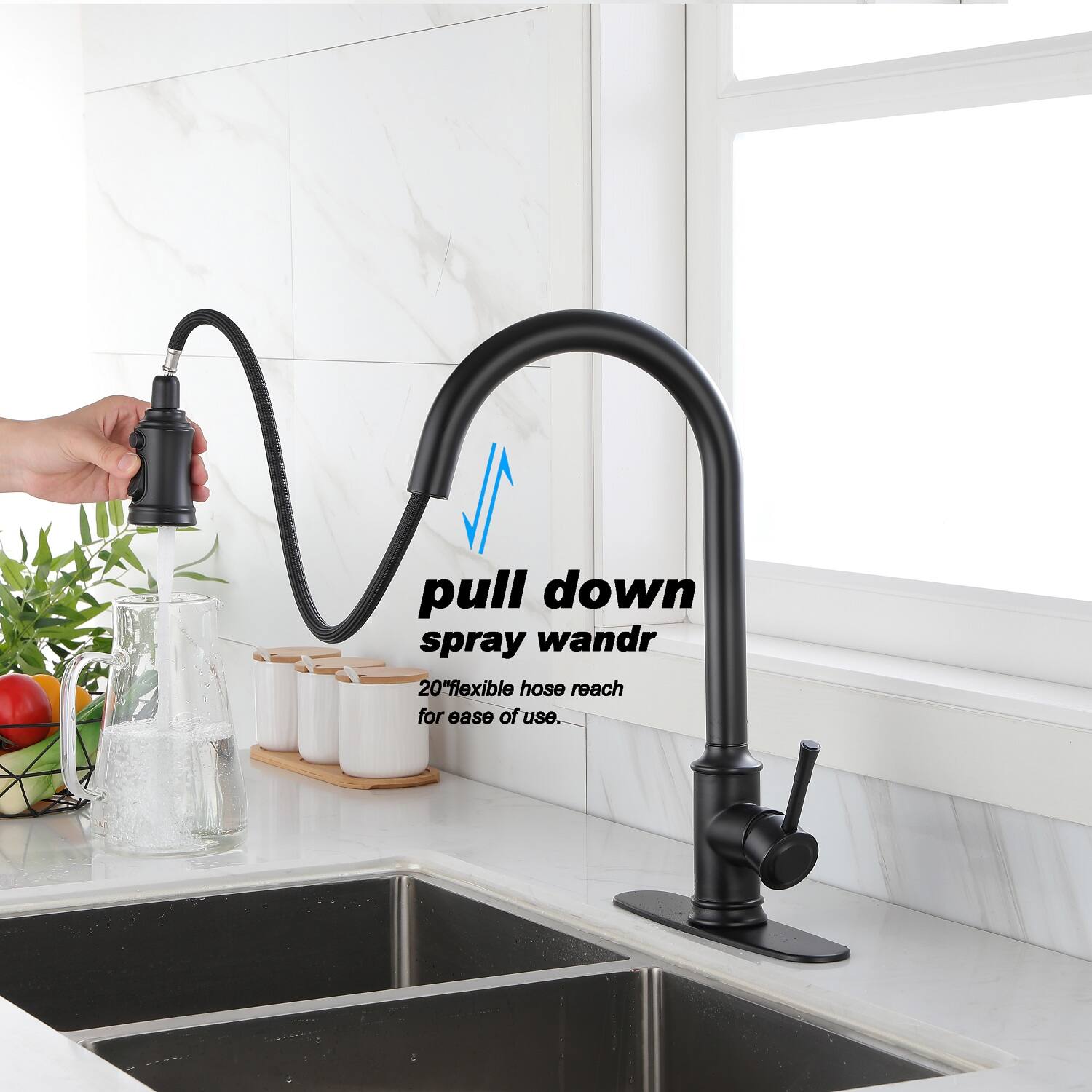 pull down spray wand  
20" flexible hose reach for ease of use.