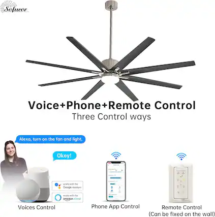 Sure, here is the corrected and grouped text:
---
**Sofucor**
**Voice+Phone+Remote Control**
**Three Control ways**
- **Alexa, turn on the fan and light.**
**Okey!**
- **Voices Control**
- Works with the Google Assistant
- Works with the Amazon Alexa
- **Phone App Control**
- **Remote Control**
(Can be fixed on the wall)
---