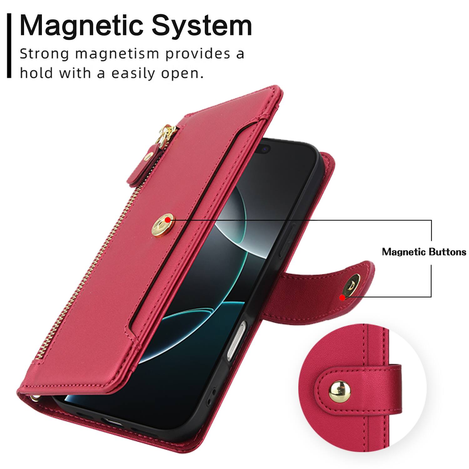 Magnetic System  
Strong magnetism provides a hold with a easily open.  
Magnetic Buttons