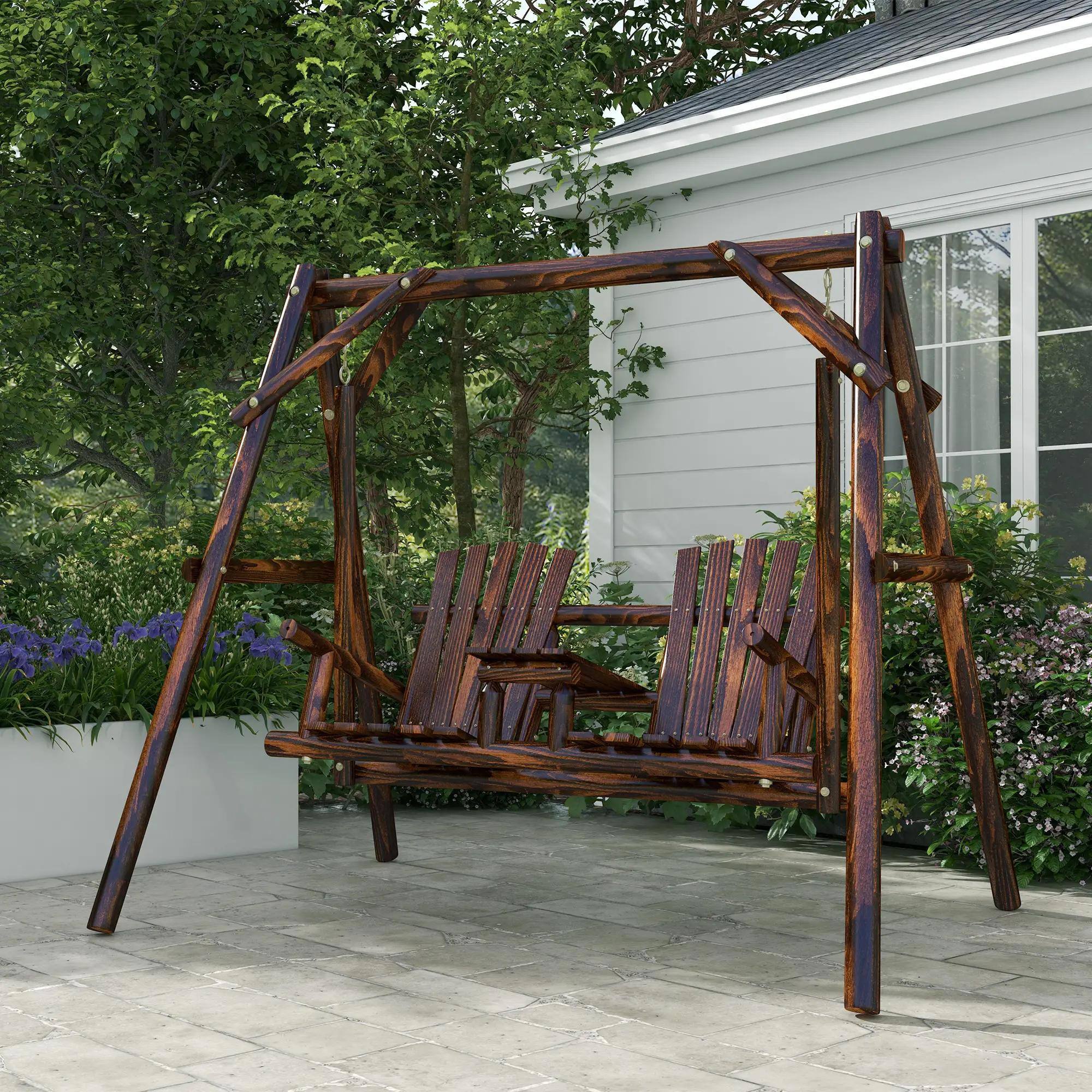 Left. Resenkos - Resenkos 2-Seat Swing Chair With Table, Wooden Porch Swing Stand, Garden Poolside Backyard Relaxation, Carbonized Wood.
