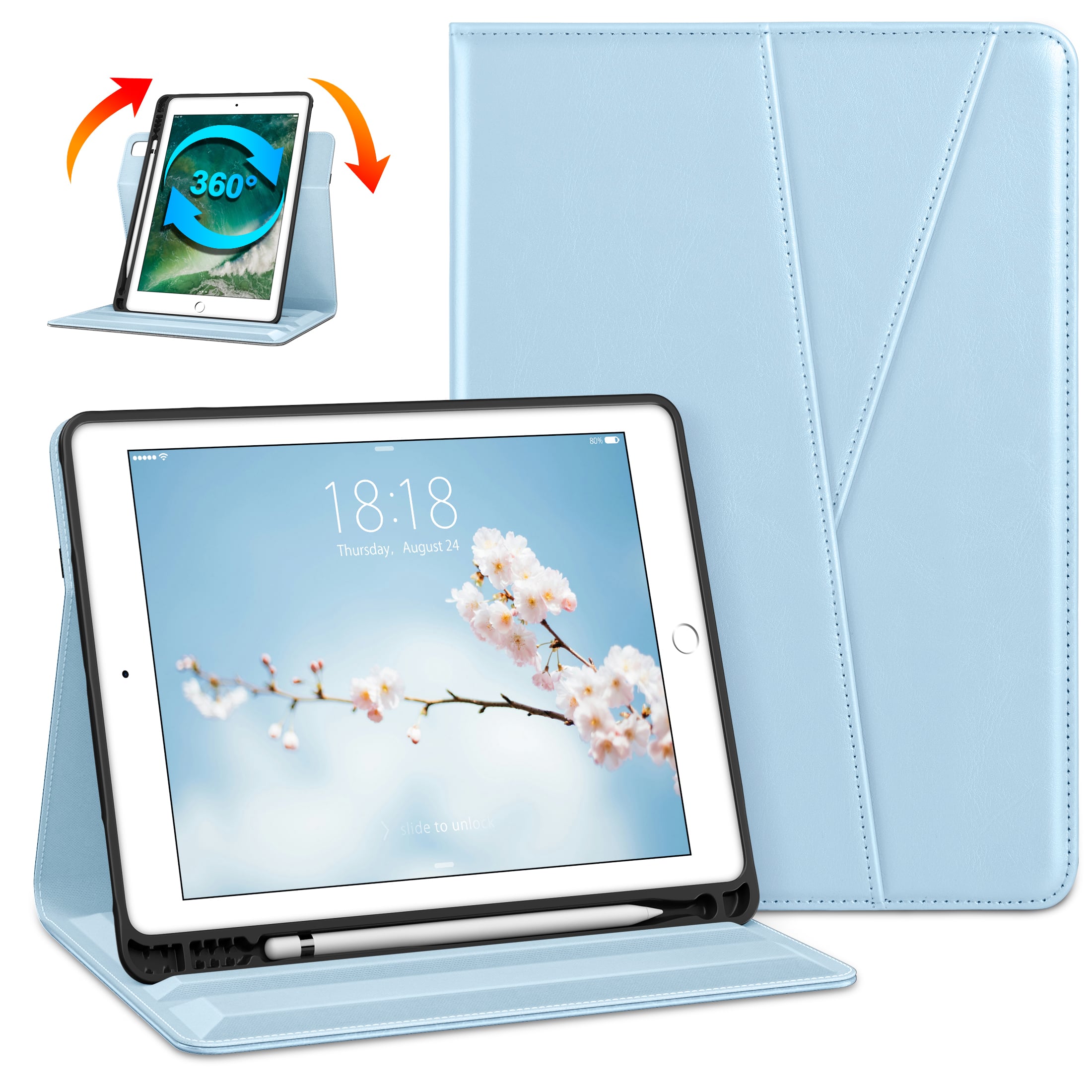 DTTO - Case for iPad 6/5 & Air 2/1 9.7" - 360° Rotating Leather Folio Stand with Pencil Holder & Auto Wake/Sleep - Ice Blue