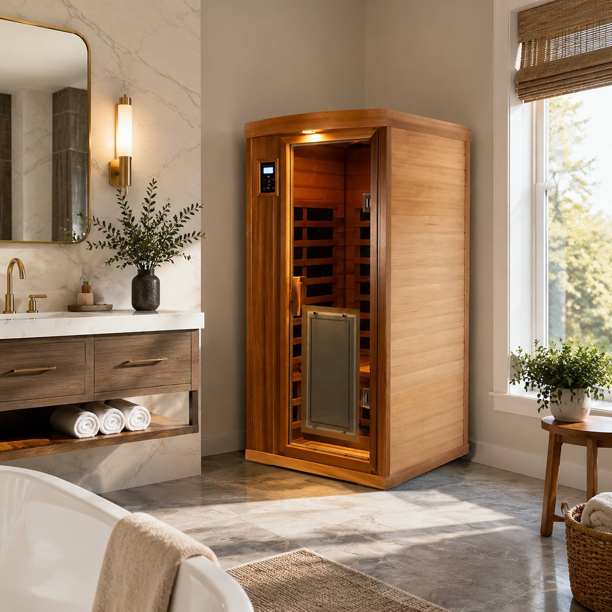 Back. RYHNUYNE - One Person Far Infrared Sauna, Red Cedar Indoor Room, Low EMF, 8 Heating Panels, 1450W - Bean paste red.