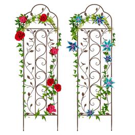 Best Choice Products - Set of 2 60x15in Iron Arched Garden Trellis Fence Panel w/ Branches, Birds for Climbing Plants - Black