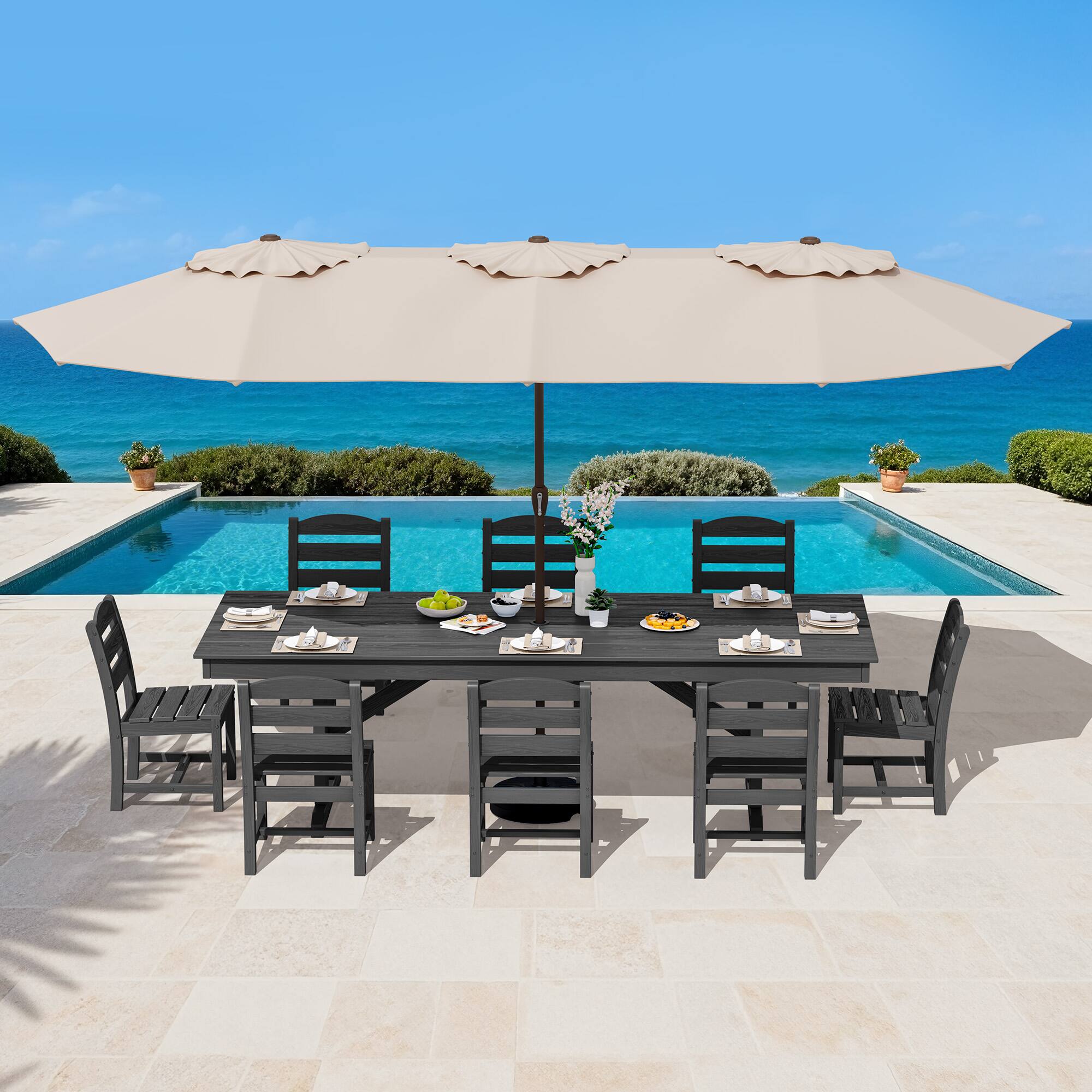 Alt View 9. SERWALL - 9 Piece 84" HDPE Outdoor Dining Set for 8 with Armless Chairs and Umbrelle Hole - Black.