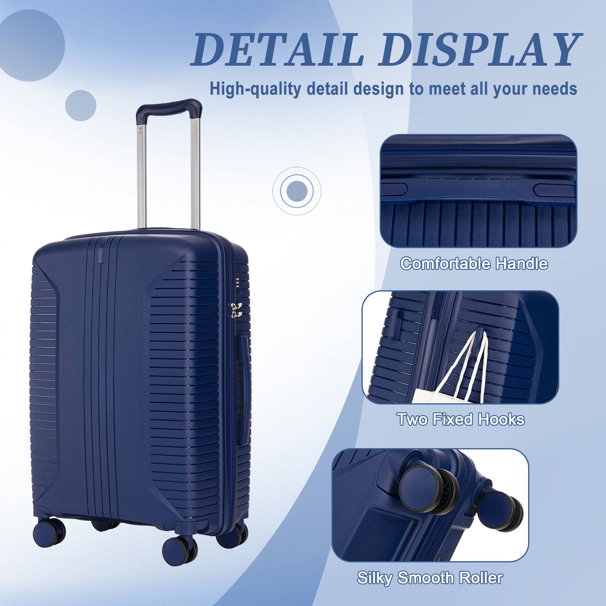 DETAIL DISPLAY  
High-quality detail design to meet all your needs  

Comfortable Handle  
Two Fixed Hooks  
Silky Smooth Roller
