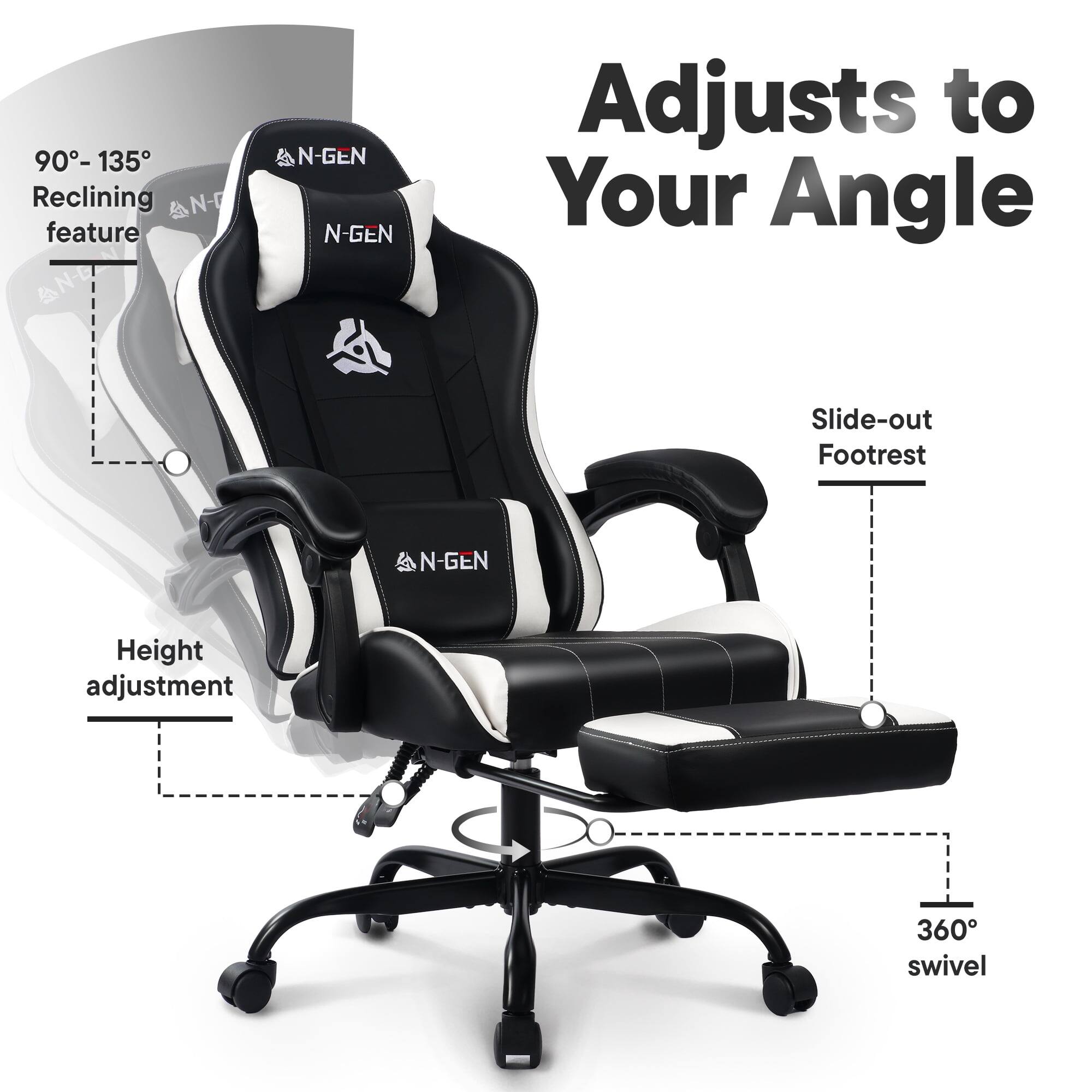 90° - 135° Reclining feature  
Adjusts to Your Angle  
Slide-out Footrest  
Height adjustment  
360° swivel