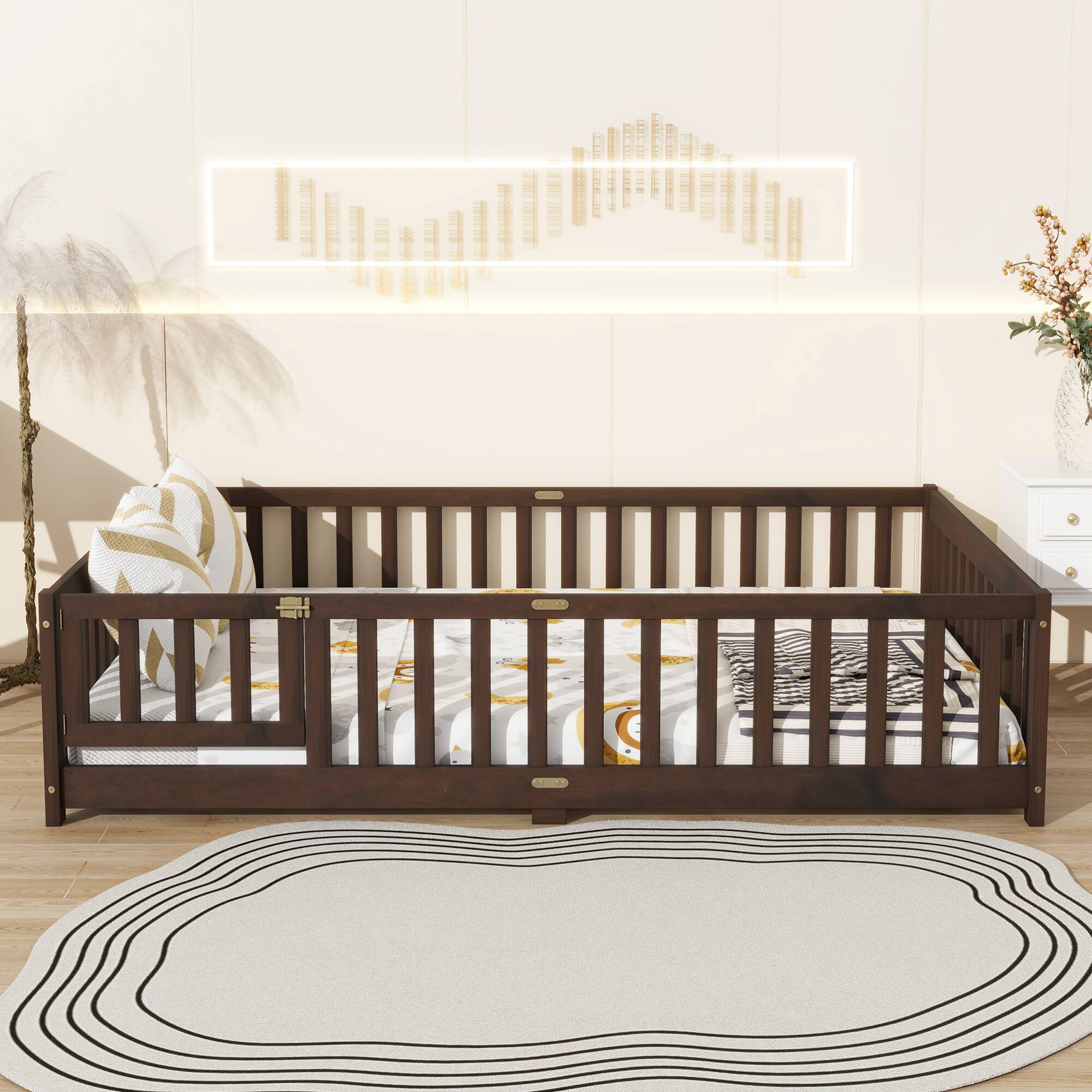 Alt View 1. GOODSILO - Full Size Floor Bed with Safety Fence and Revolving Door for Children, Sturdy Rubber Wood Construction - Espresso.