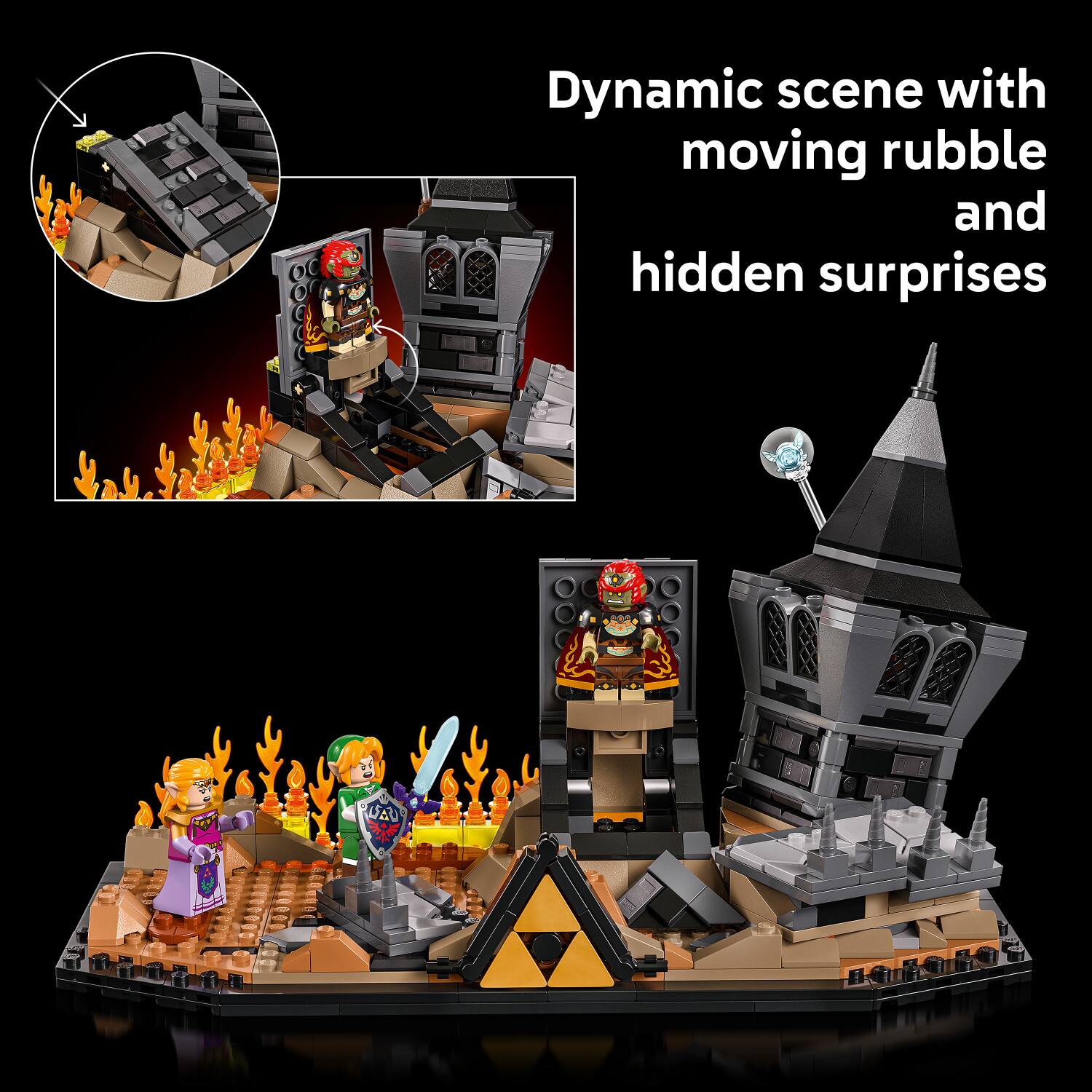 Dynamic scene with moving rubble and hidden surprises