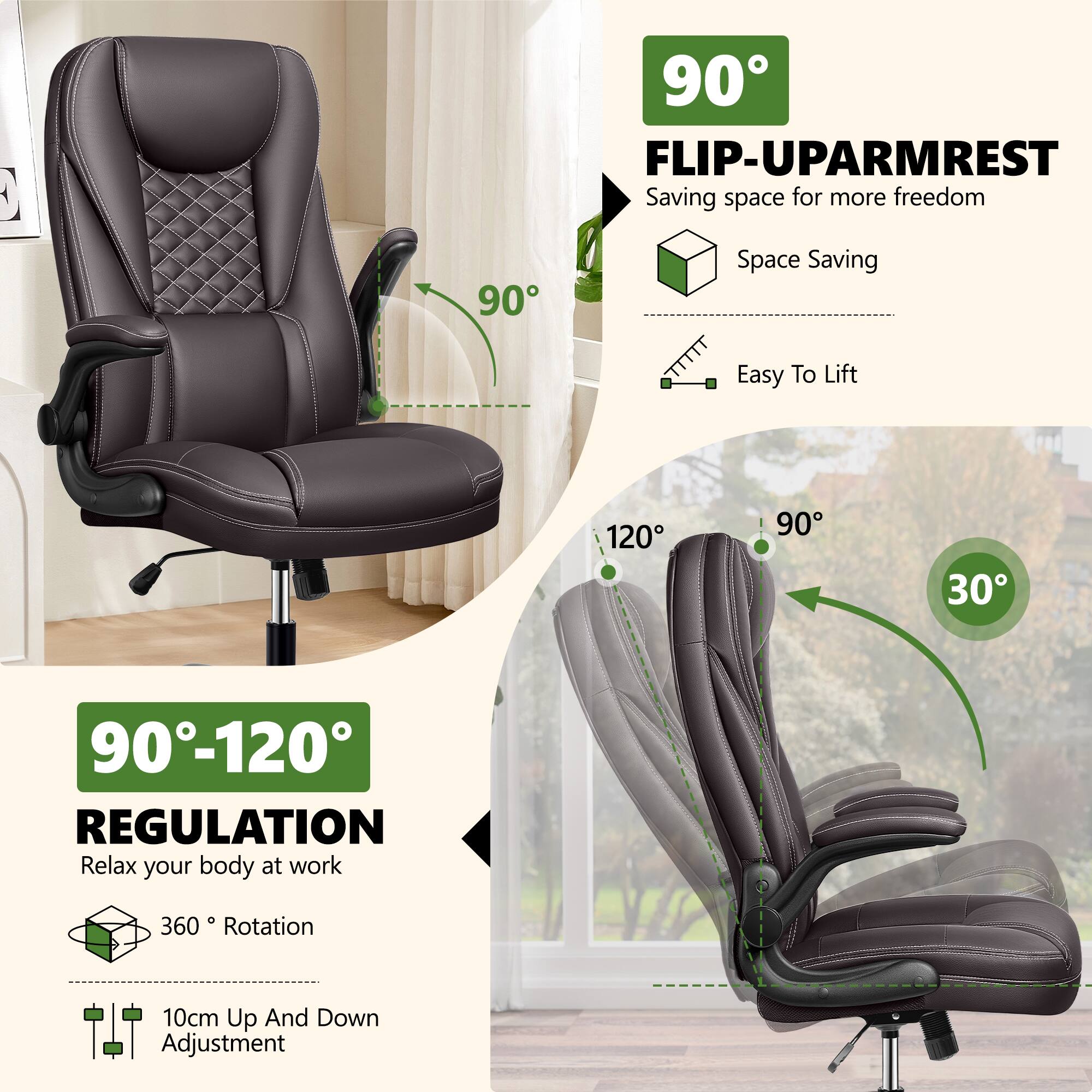 C 90° FLIP-UP ARMREST  
Saving space for more freedom  
Space Saving  
Easy To Lift  

90°-120° REGULATION  
Relax your body at work  
360° Rotation  
10cm Up And Down Adjustment