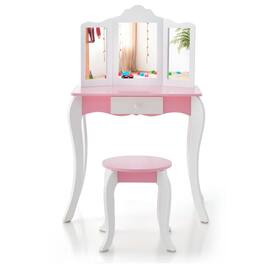 Pefilos - Kid's Wooden Vanity Table and Stool Set with 3-Panel Acrylic Mirror-White, Girls Vanity for Girls Kids - Pink