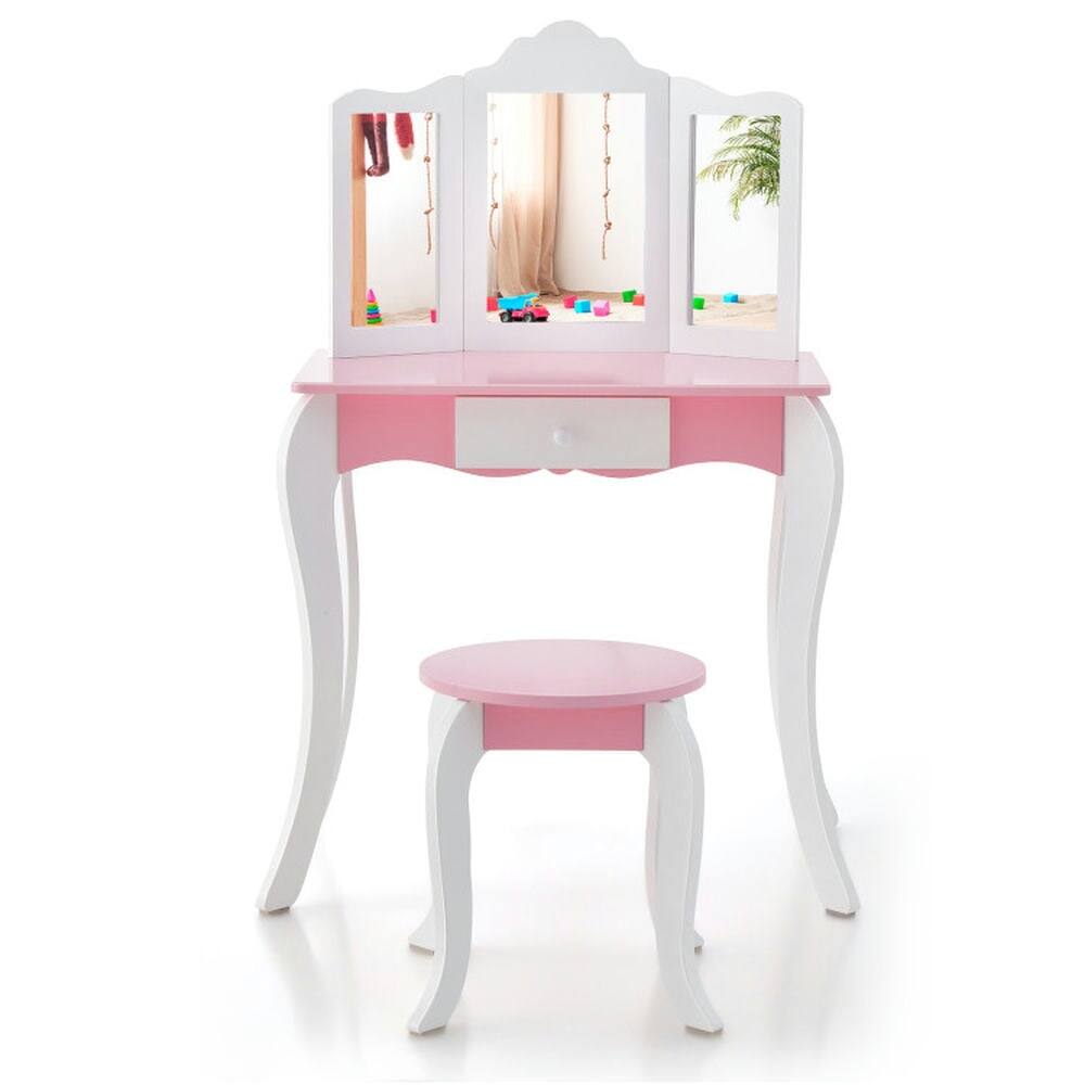 Front. Pefilos - Kid's Wooden Vanity Table and Stool Set with 3-Panel Acrylic Mirror-White, Girls Vanity for Girls Kids - Pink.