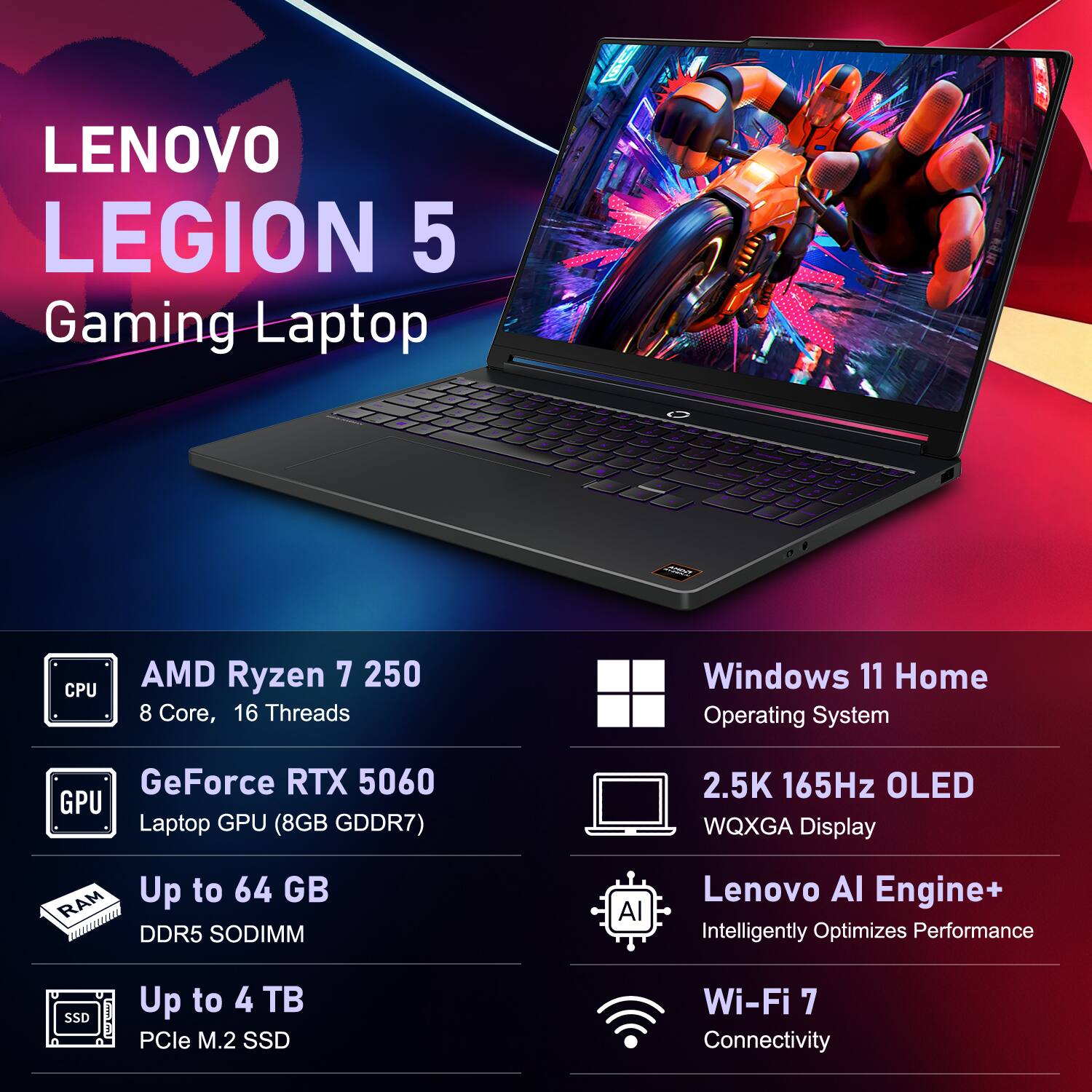 LENOVO LEGION 5 Gaming Laptop

CPU
AMD Ryzen 7 250 8 Core, 16 Threads

GPU
GeForce RTX 5060 Laptop GPU (8GB GDDR7)

RAM
Up to 64 GB DDR5 SODIMM

SSD
Up to 4 TB PCIe M.2 SSD

Operating System
Windows 11 Home

Display
2.5K 165Hz OLED WQXGA

AI
Lenovo AI Engine+ Intelligently Optimizes Performance

Wi-Fi
Wi-Fi 7 Connectivity