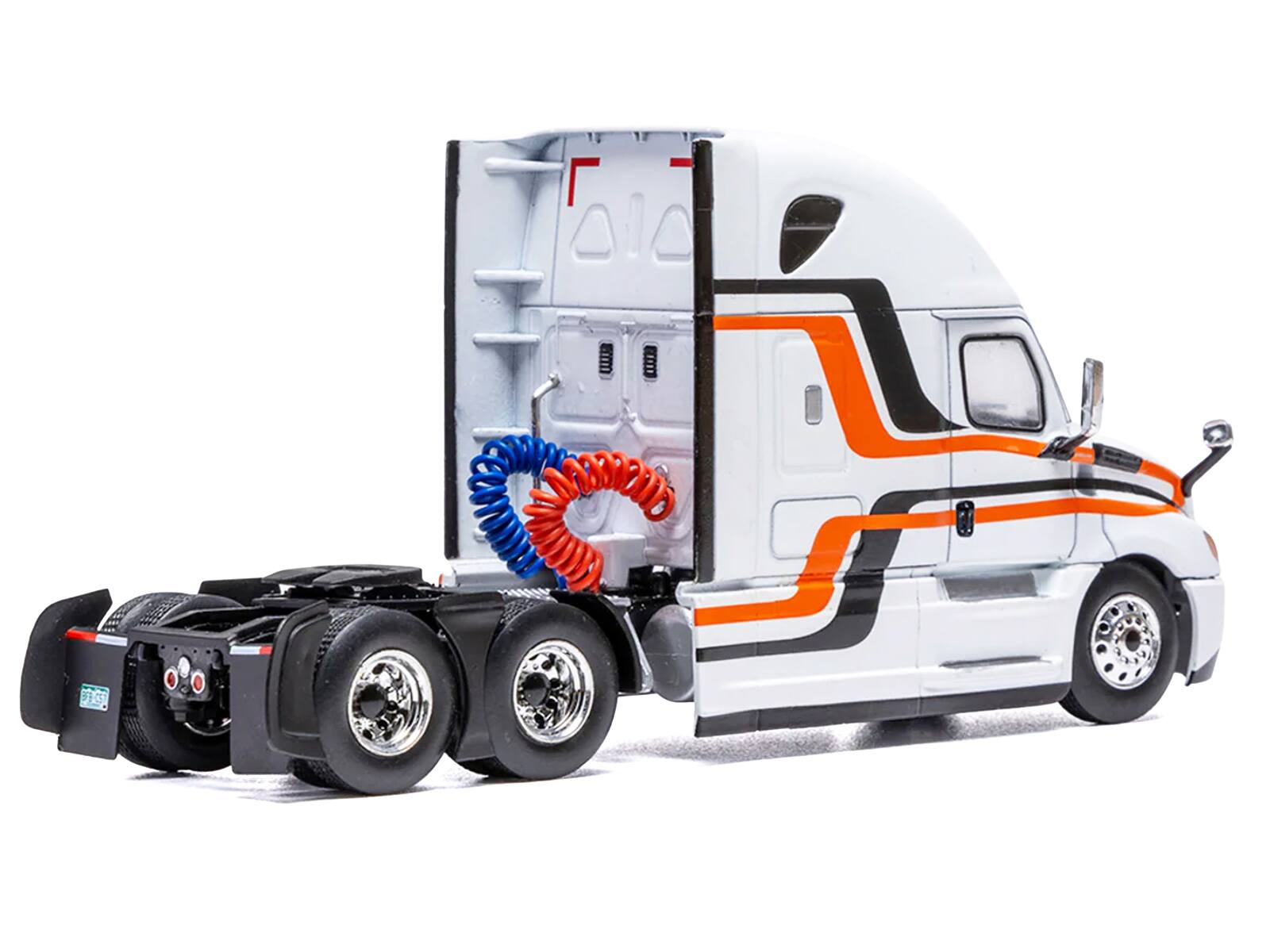 Left. IXO - 2018 Freightliner Cascadia Truck Tractor White with Black and Orange Stripes 1/64 Diecast Model by IXO Models - White.