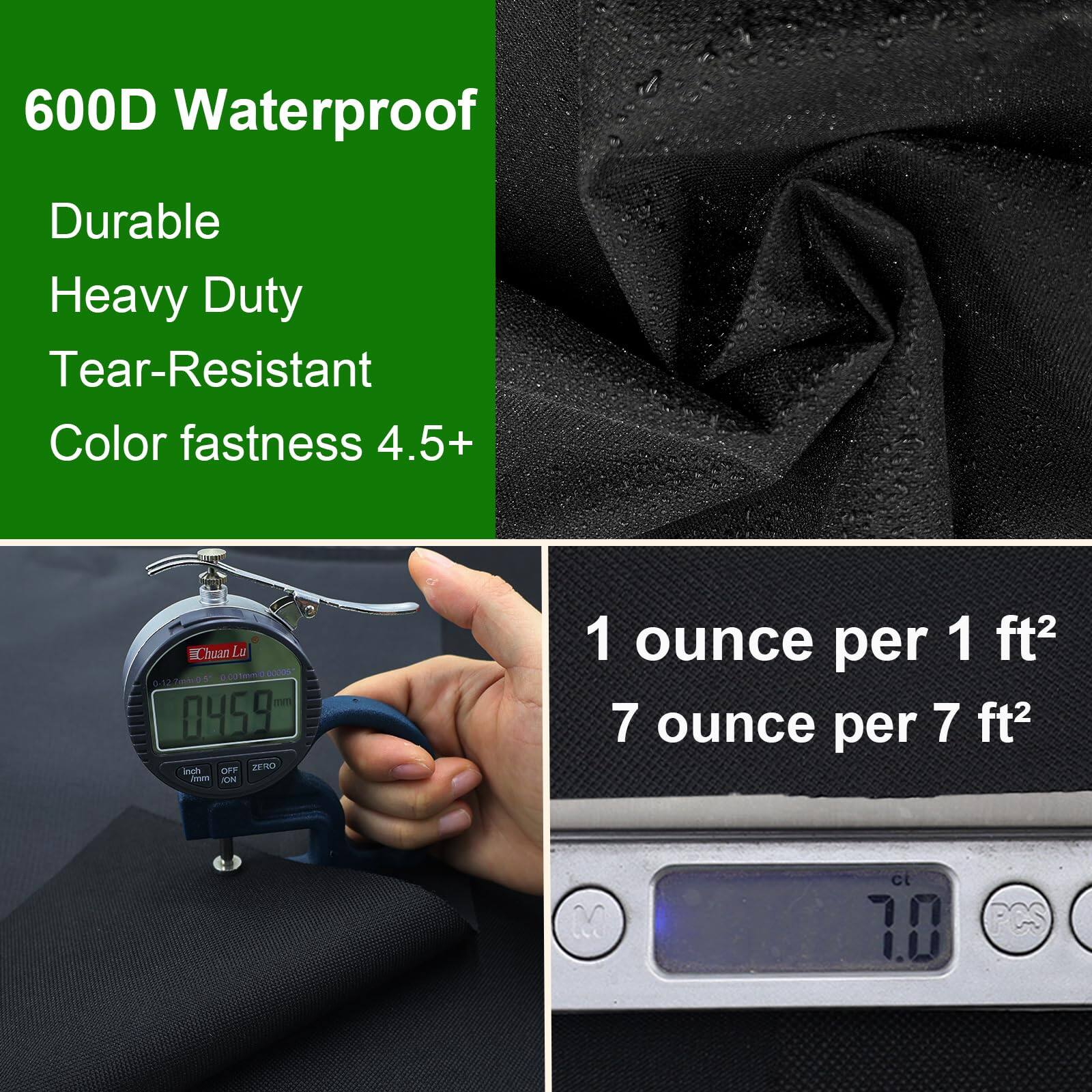 600D Waterproof  
Durable  
Heavy Duty  
Tear-Resistant  
Color fastness 4.5+  

1 ounce per 1 ft²  
7 ounce per 7 ft²  

Chuan Lu  
0.00 mm  
0459  

ct  
7.0