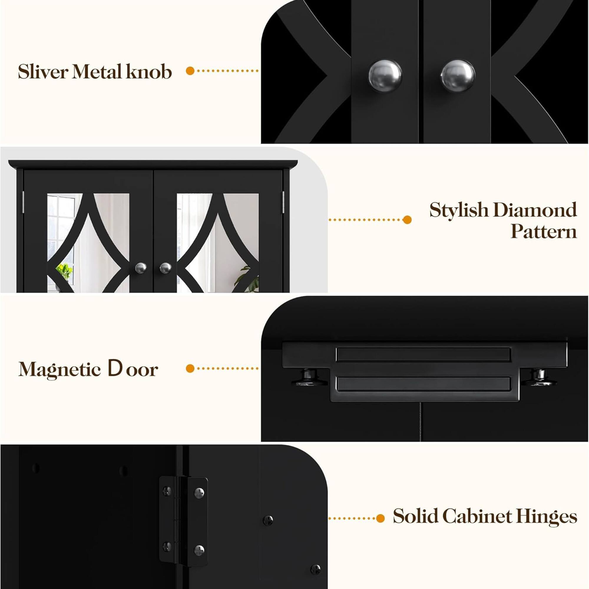 Silver Metal knob  
Stylish Diamond Pattern  
Magnetic Door  
Solid Cabinet Hinges