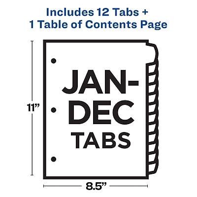 Includes 12 Tabs + 1 Table of Contents Page  
JAN-DEC TABS  
11" x 8.5"