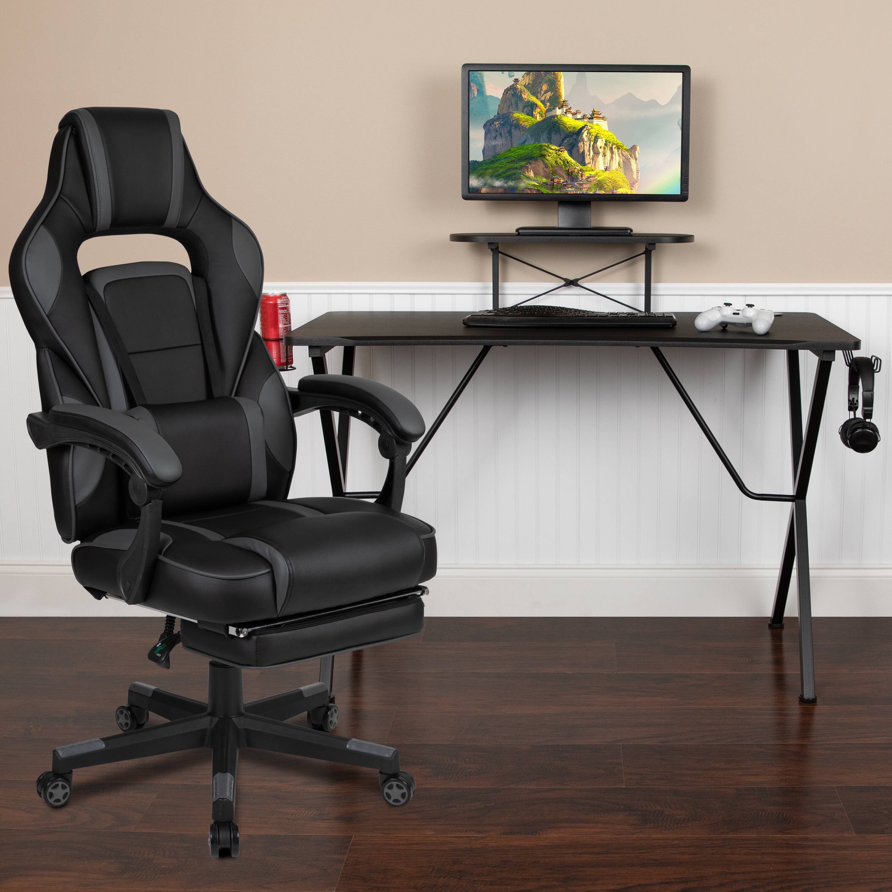 Alt View 1. Emma + Oliver - Gaming Bundle-Cup/Headphone Desk & Reclining Footrest Chair - Black.