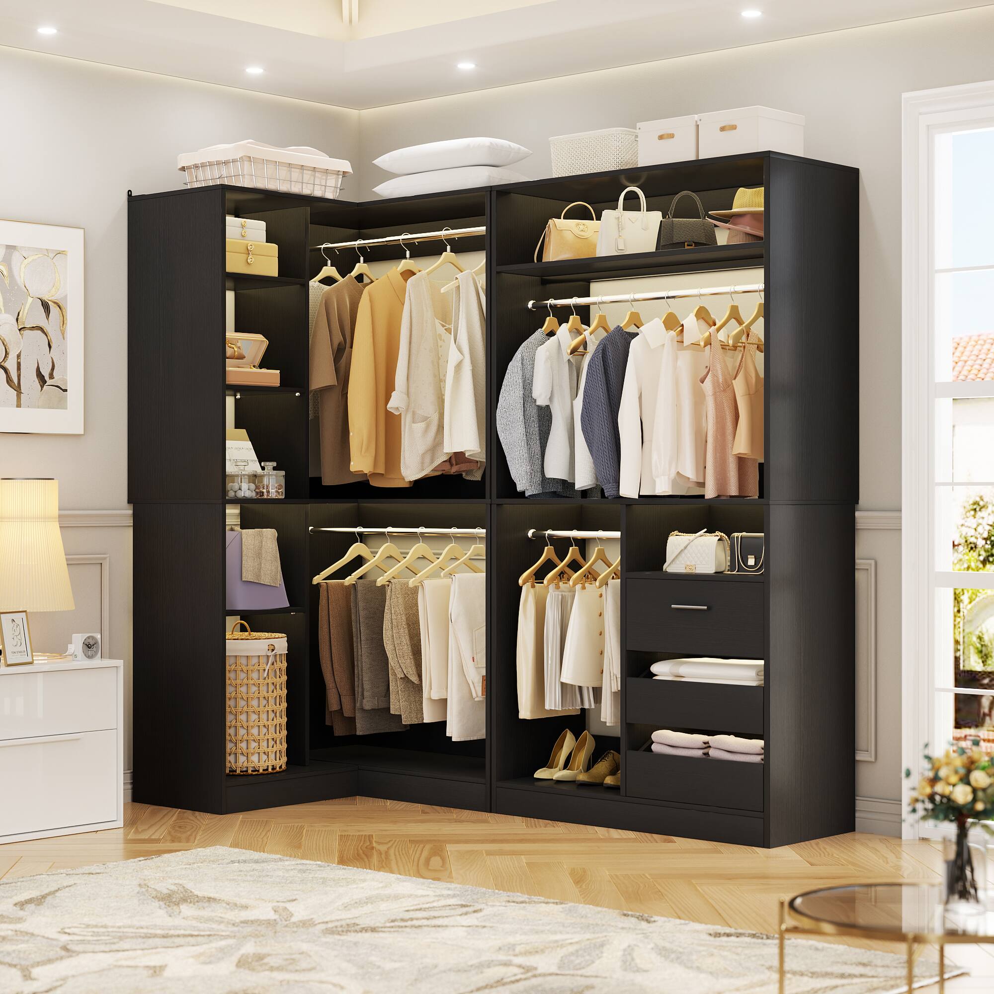 Angle. Aheaplus - 72" Freestanding Corner Closet System - 2-Piece Wood Wardrobe with Drawers & Hanging Rods - Black.