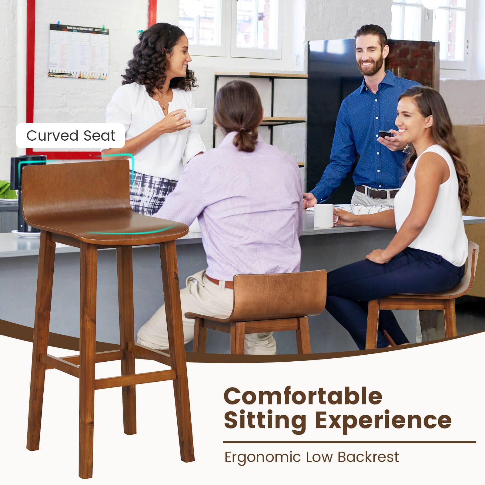 The text on the image reads: "Comfortable Sitting Experience Ergonomic Low Backrest Curved Seat."