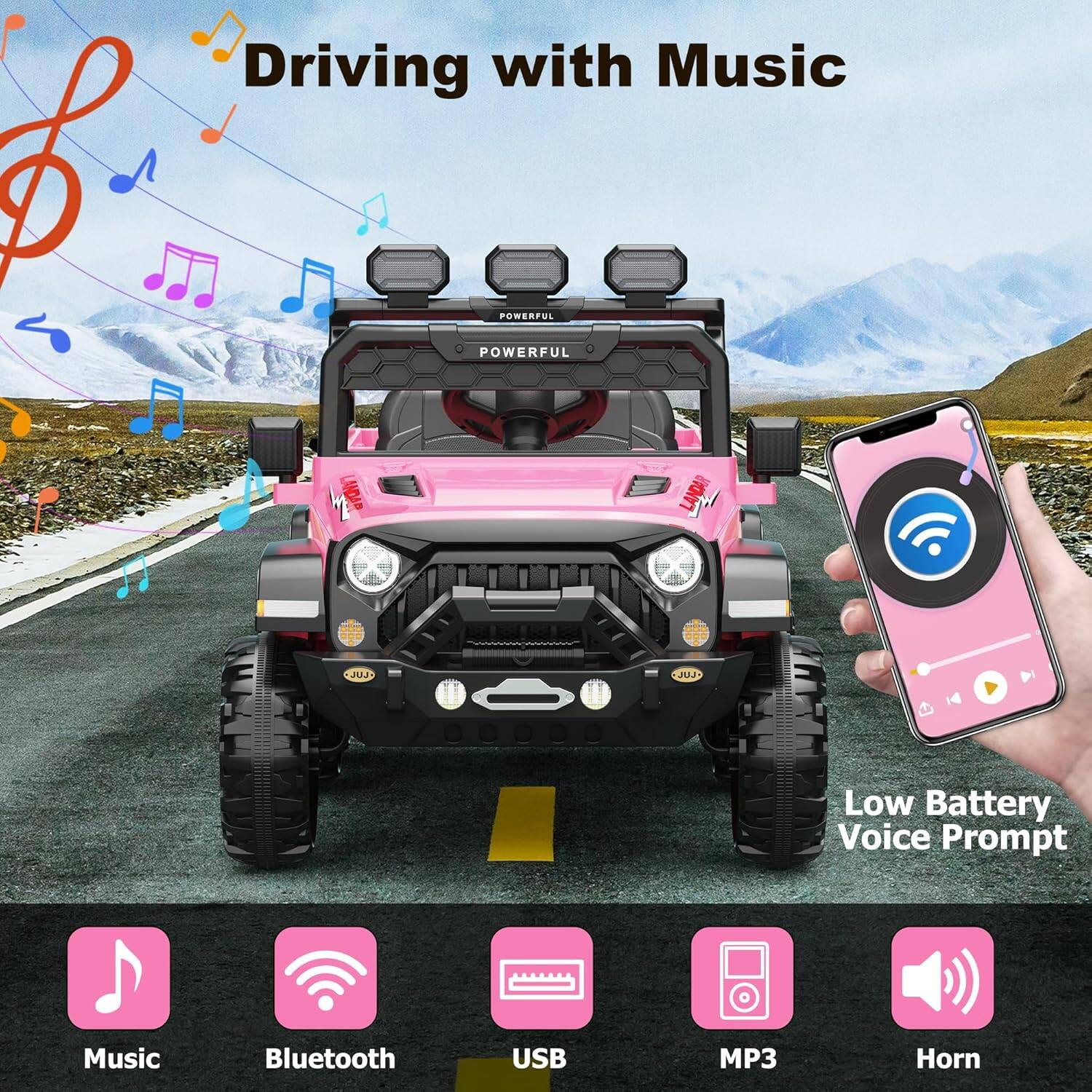 Driving with Music

- Music
- Bluetooth
- USB
- MP3
- Horn

Low Battery Voice Prompt