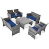 Front. Costway - Costway 8PCS Patio Rattan Furniture Set Conversation Glass Table Top Sofa Cushioned - Navy.