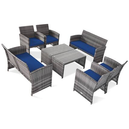 Front. Costway - Costway 8PCS Patio Rattan Furniture Set Conversation Glass Table Top Sofa Cushioned - Navy.