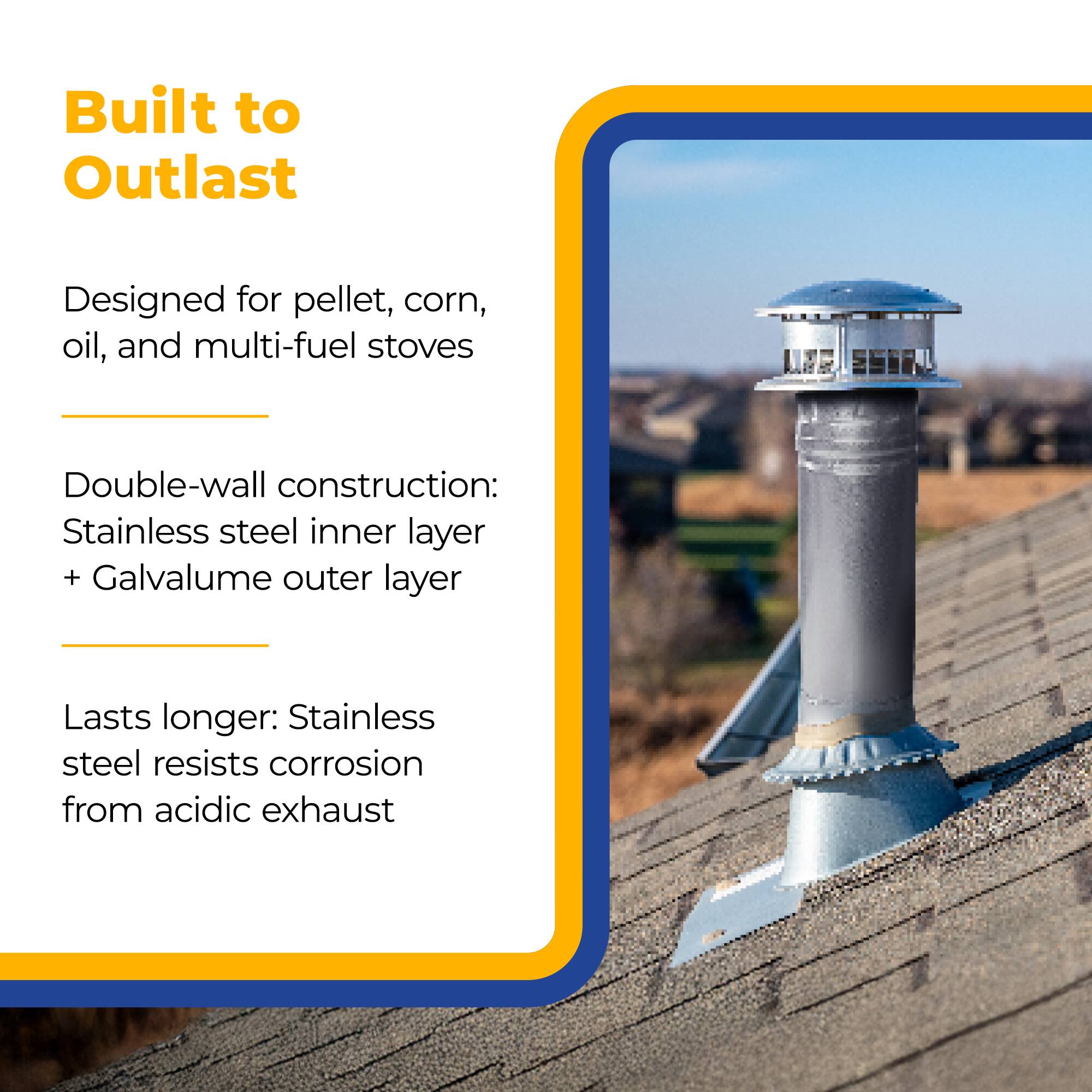 Built to Outlast

Designed for pellet, corn, oil, and multi-fuel stoves

Double-wall construction: Stainless steel inner layer + Galvalume outer layer

Lasts longer: Stainless steel resists corrosion from acidic exhaust