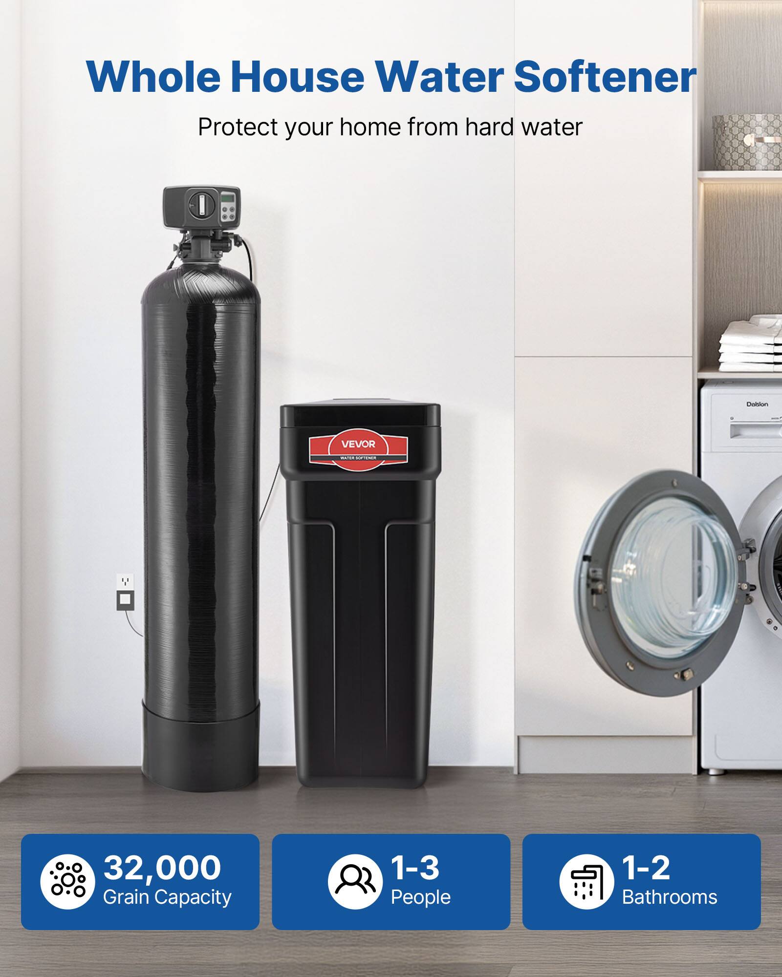 Whole House Water Softener  
Protect your home from hard water  

- 32,000 Grain Capacity  
- 1-3 People  
- 1-2 Bathrooms