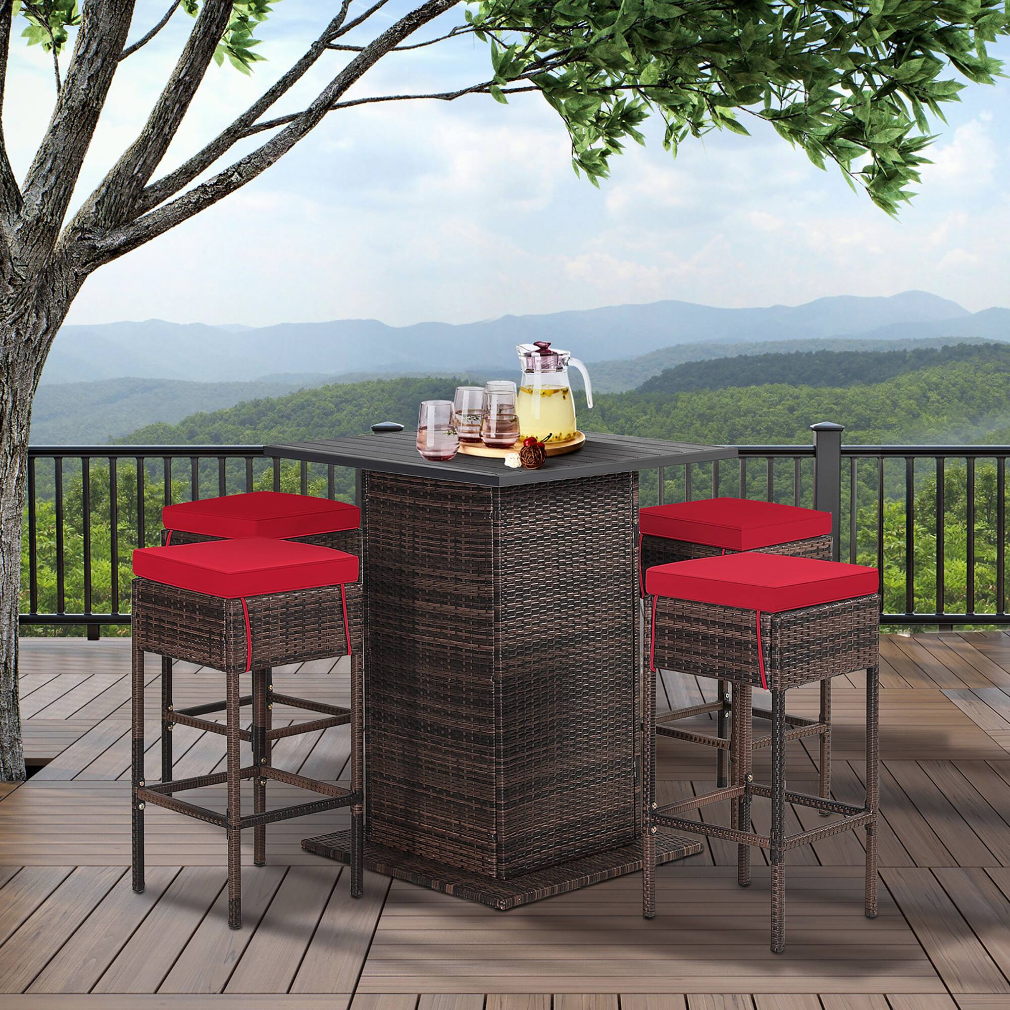 Alt View 9. Gymax - Gymax 5PCS Patio Bar Set Rattan Bar Furniture Set w/ Table & 4 Cushioned Stools Red - Red.
