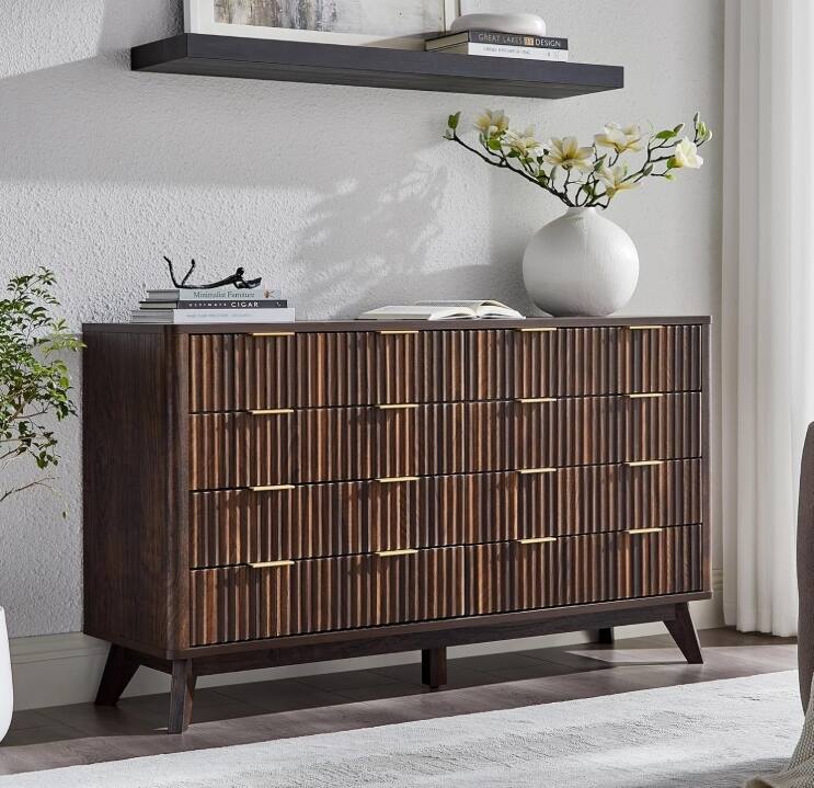 GARVEE - Fluted 8 Drawers Dresser, 54" Wide Modern Chest of Drawers with Faux Marble Top, Dresser TV Stand - Walnut Brown