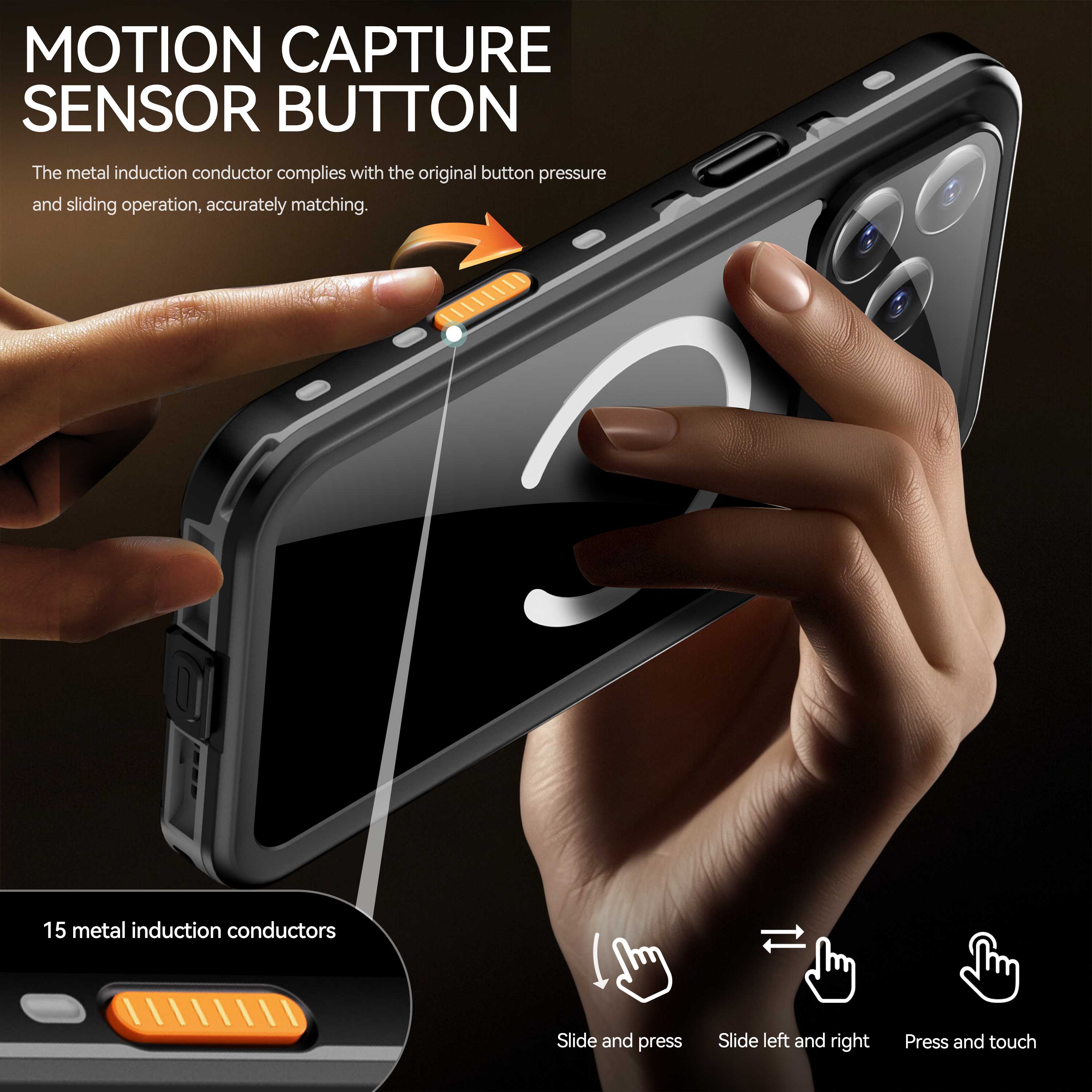 MOTION CAPTURE SENSOR BUTTON

The metal induction conductor complies with the original button pressure and sliding operation, accurately matching.

15 metal induction conductors

Slide and press
Slide left and right
Press and touch