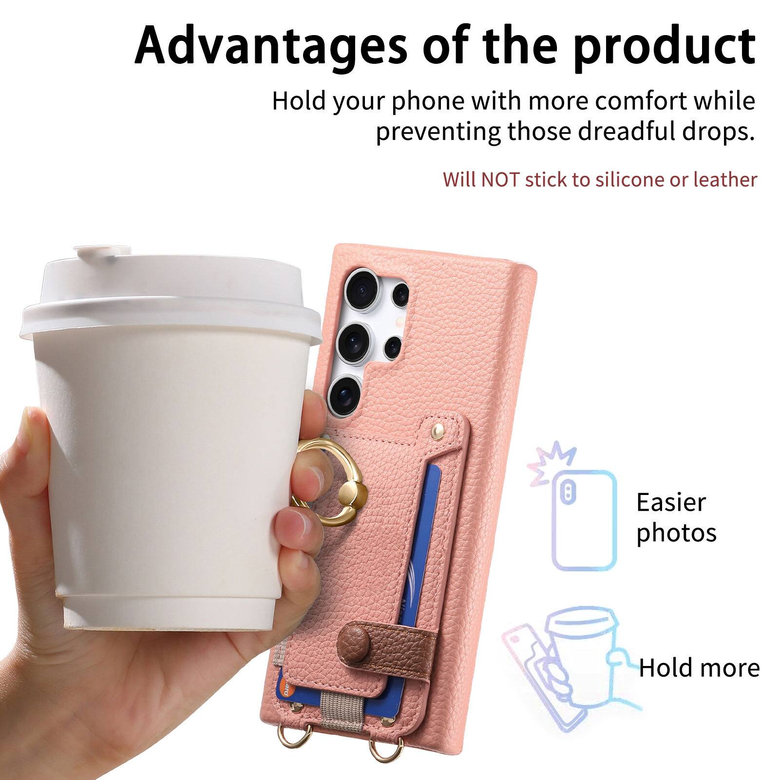 Advantages of the product

- Hold your phone with more comfort while preventing those dreadful drops.
- Will NOT stick to silicone or leather
- Easier photos
- Hold more