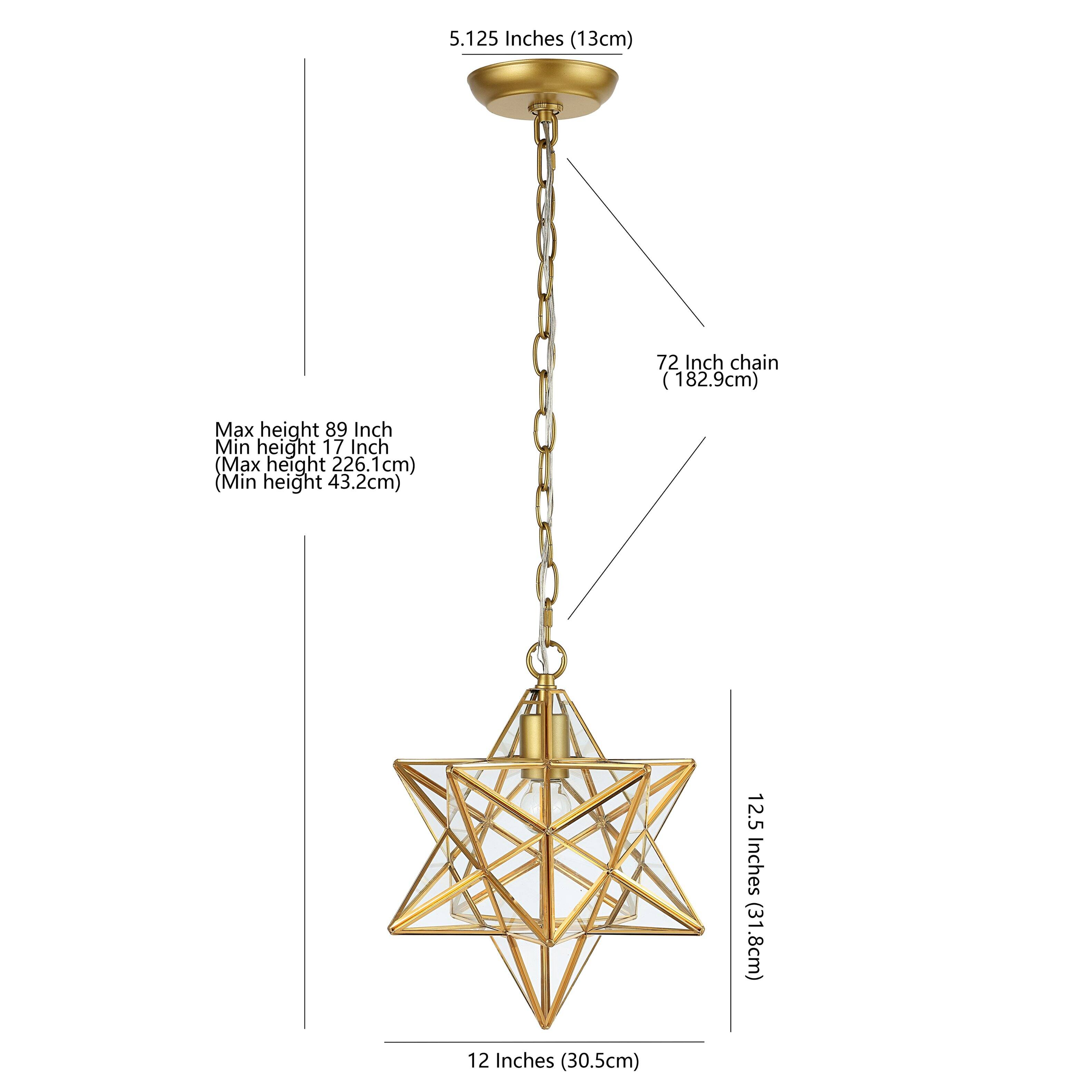 5.125 Inches (13cm)  
72 Inch chain (182.9cm)  
Max height 89 Inch (Max height 226.1cm)  
Min height 17 Inch (Min height 43.2cm)  
12.5 Inches (31.8cm)  
12 Inches (30.5cm)