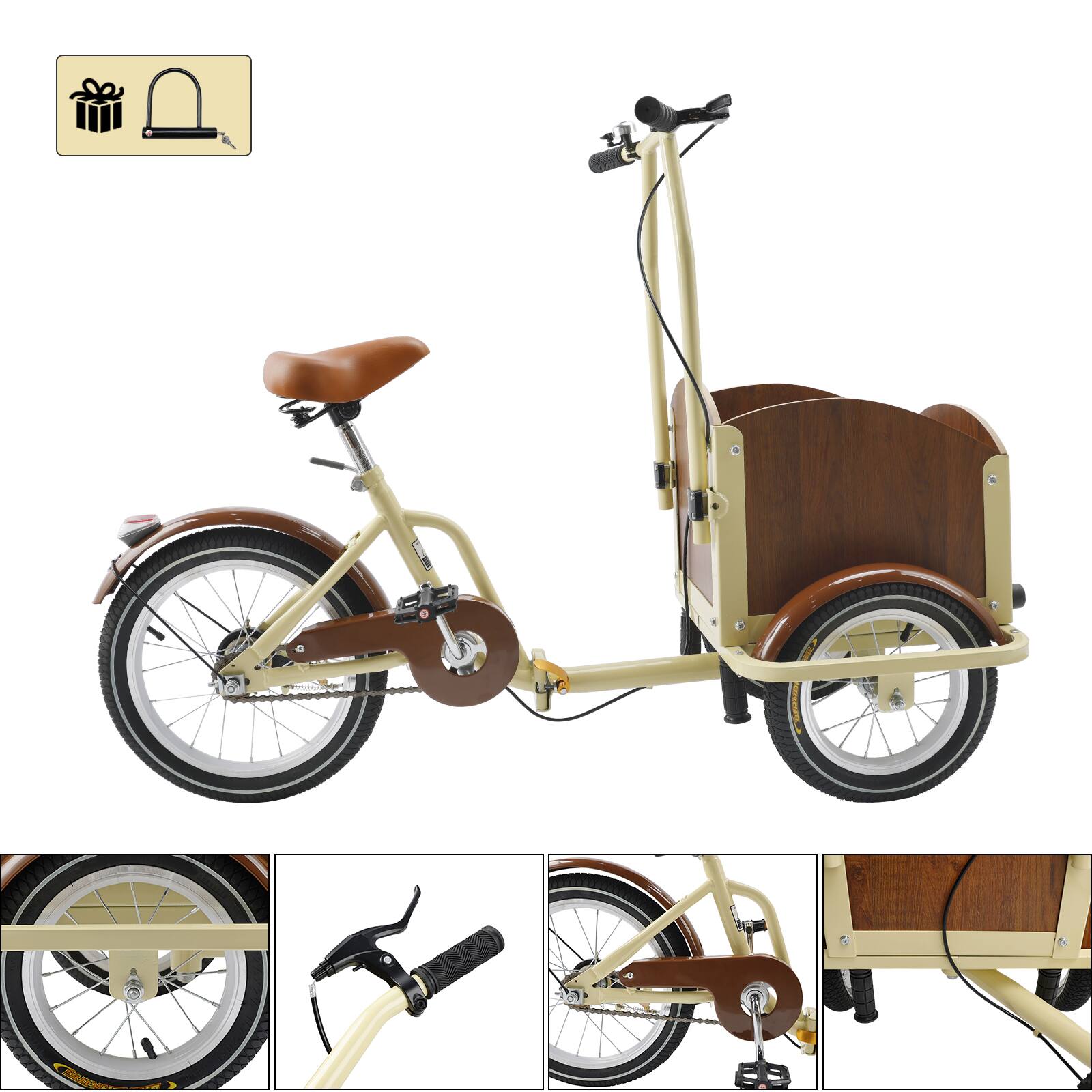 Back. Topteng - Kid Tricycle Three wheel bike Trike for Child, Boy, Girl, 16 Inch Wheels with Front Wood Cargo Rack for Small Pet, Beige - Cream.