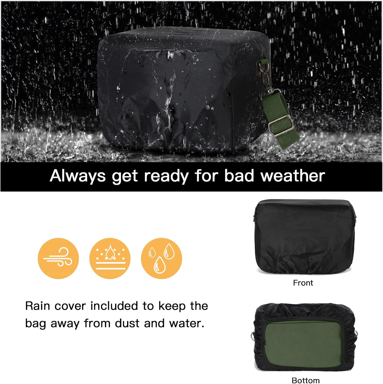 Always get ready for bad weather

Rain cover included to keep the bag away from dust and water.

Front Bottom