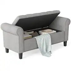 Front. Homcom - Inches Storage Ottoman, End of Bed Bench with Rolled Arms, Wood Legs - Cream White.