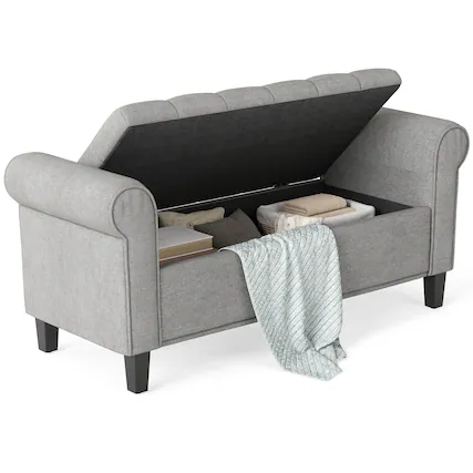 Front. Homcom - Inches Storage Ottoman, End of Bed Bench with Rolled Arms, Wood Legs - Cream White.