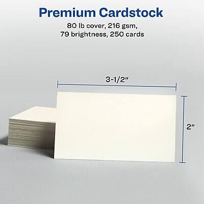 Premium Cardstock  
80 lb cover, 216 gsm, 79 brightness, 250 cards  
3-1/2" x 2"
