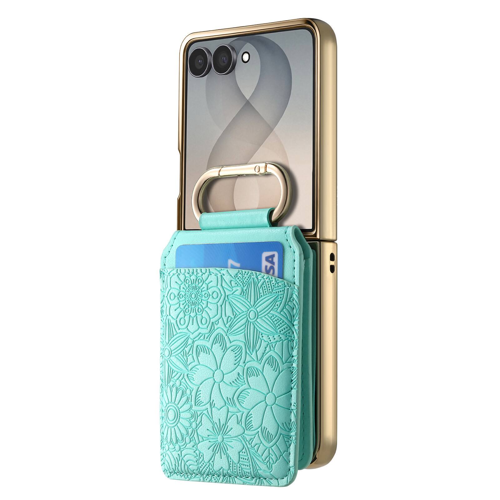Angle. Dteck - Shockproof Leather Wallet Phone Case for Samsung Galaxy Z Flip8 with Ring Clasp, Rigid Plastic Floral Flip Stand Cover - Green.