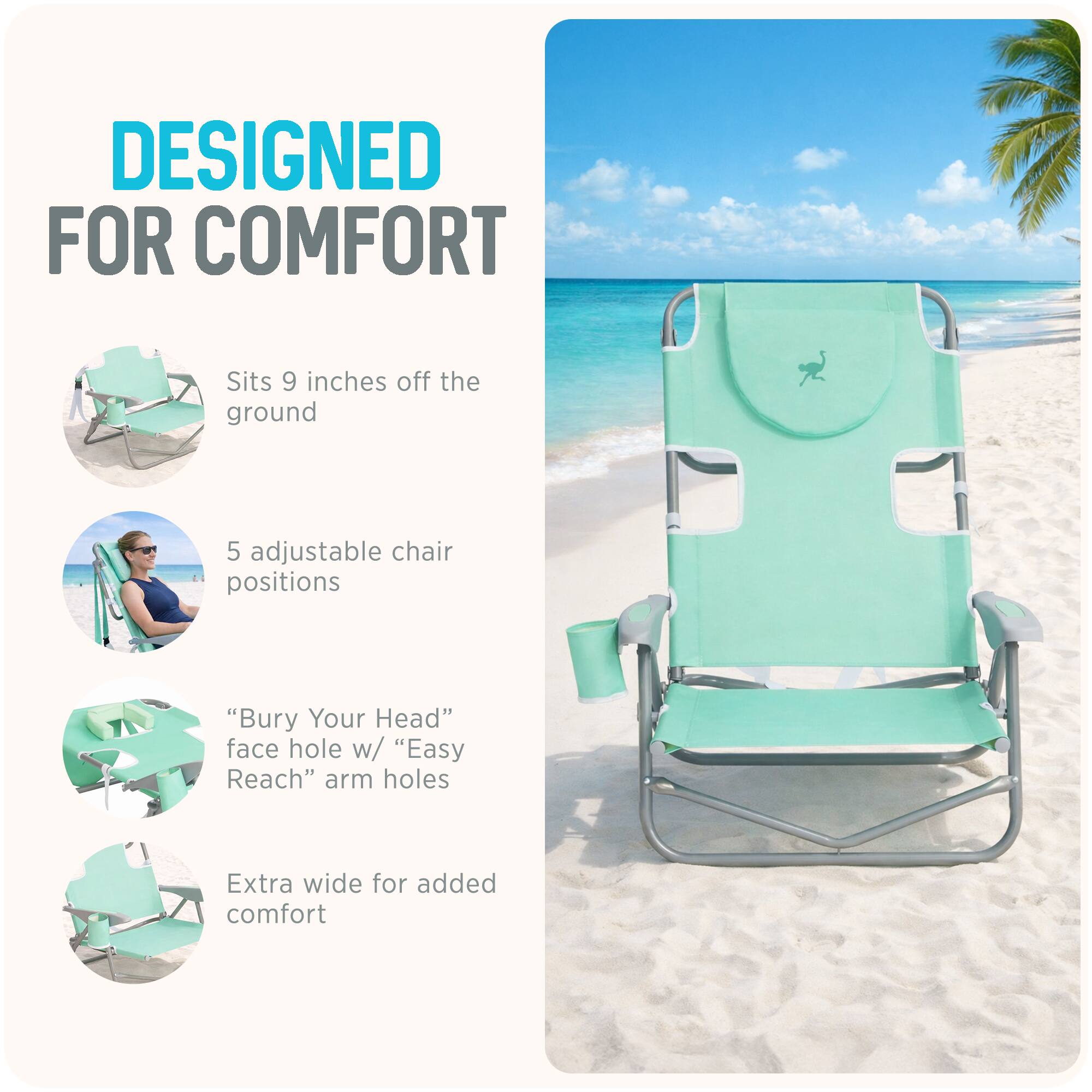 DESIGNED FOR COMFORT

- Sits 9 inches off the ground
- 5 adjustable chair positions
- "Bury Your Head" face hole w/ "Easy Reach" arm holes
- Extra wide for added comfort