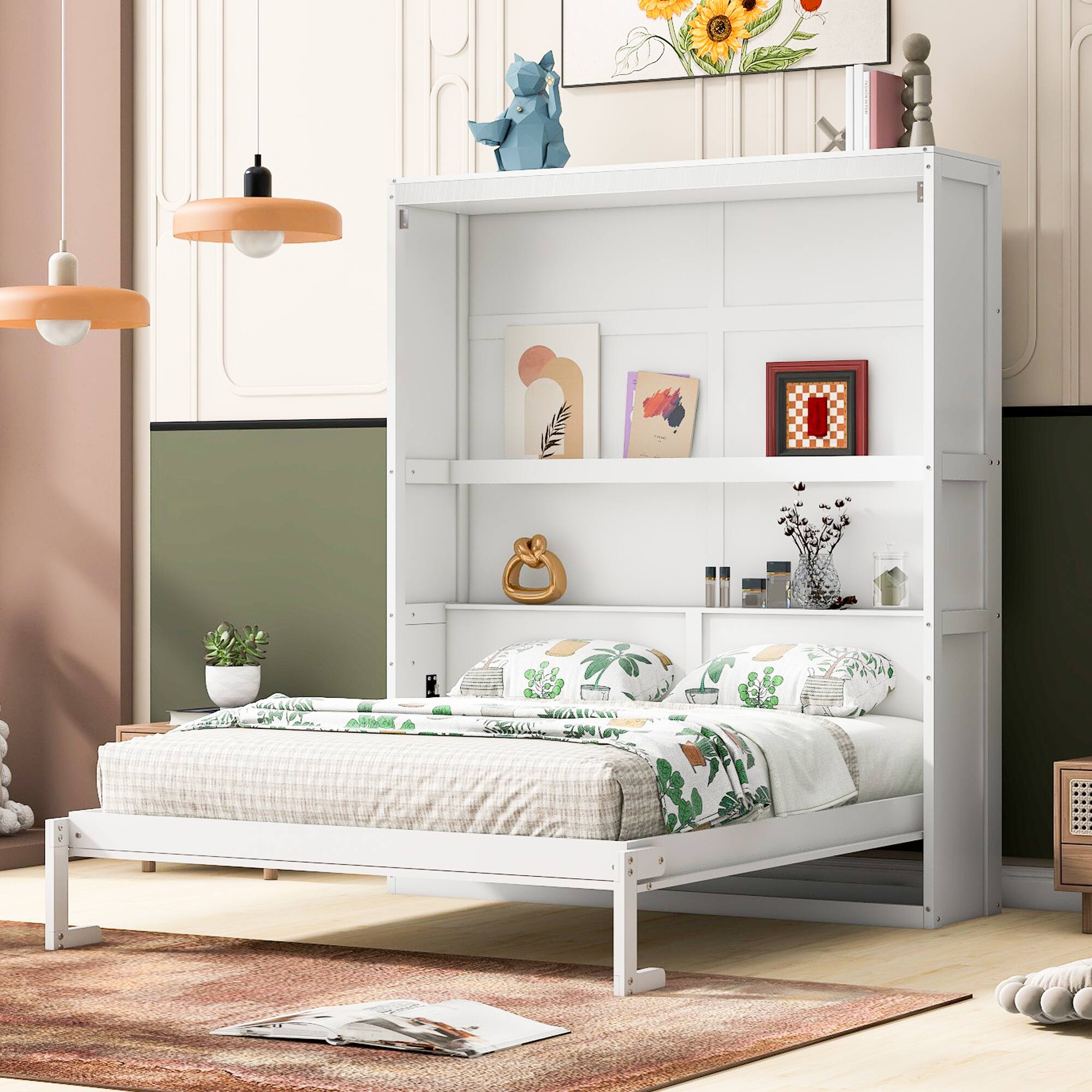 Front. Tiramisubest - Queen Size White Solid Wood + MDF Murphy Wall Bed with Shelves, Space-Saving & Comfortable - White.