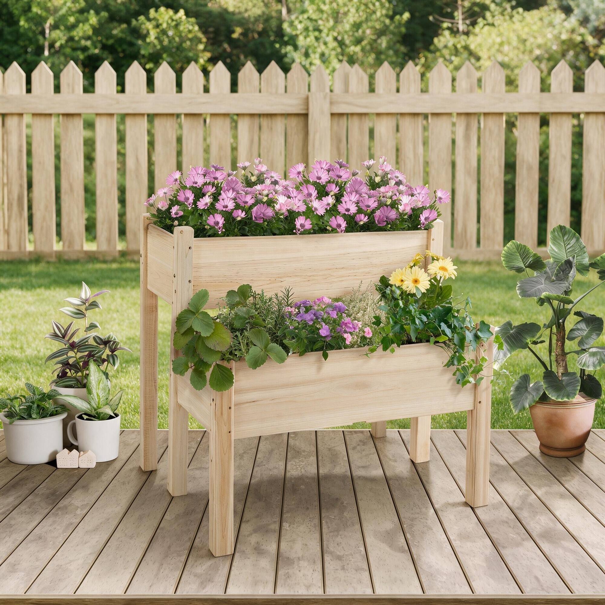 Left. RYHNUYNE - Outsunny 34"x34"x28" Two-Tier Raised Garden Bed, Solid Fir Wood Elevated Planter Box for Vegetables, Herbs, - Natural.