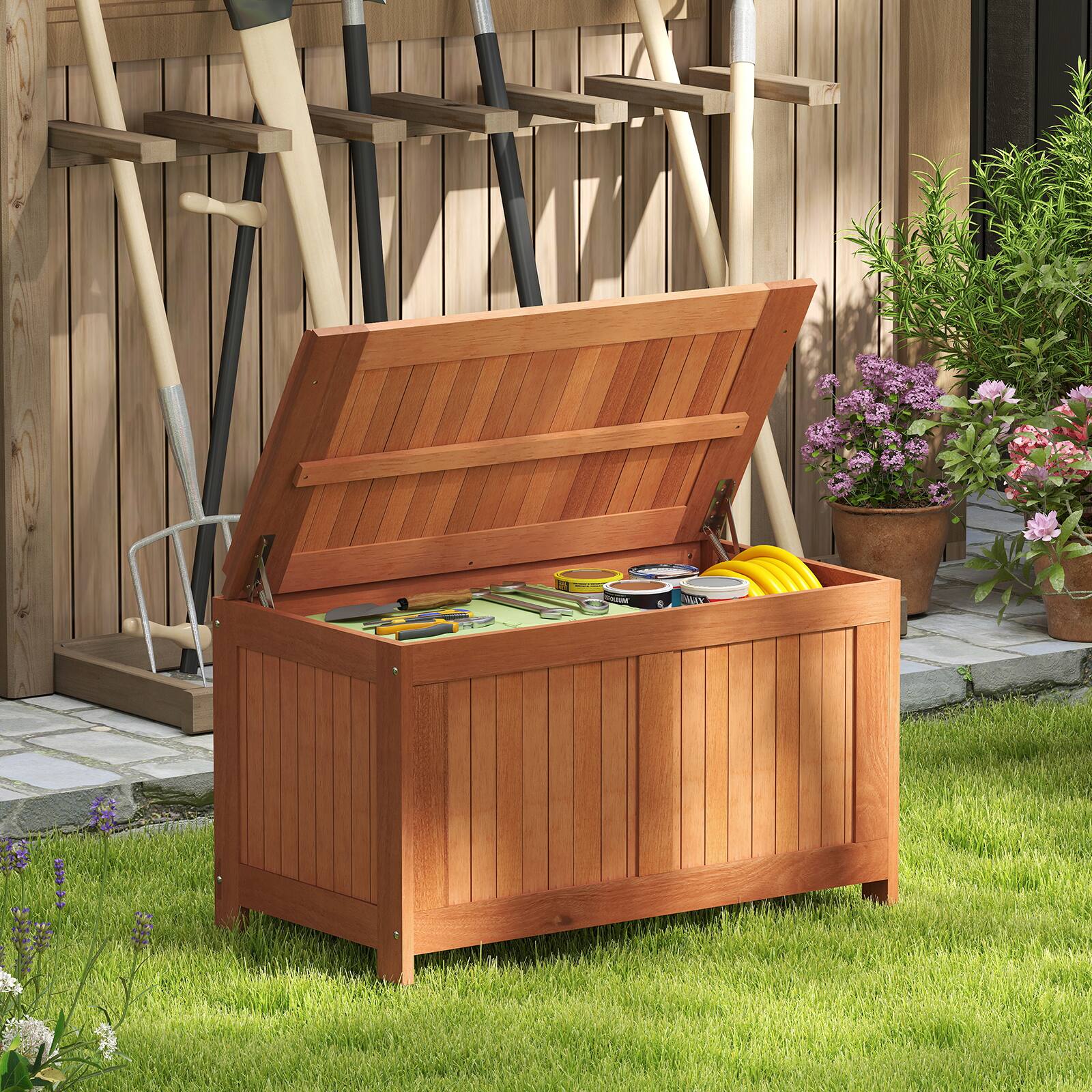 Alt View 3. Costway - Costway 52 Gallon Wood Deck Box with Flip Top Teak Oil Finish Pool Supplies Cushions - Orange.