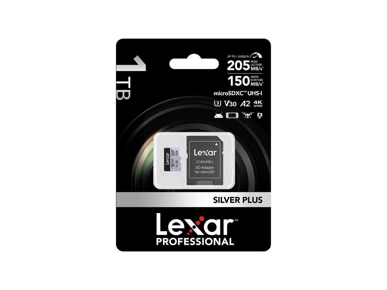 1 TB UP TO JUSQU'A 205 MB/s READ 150 MB/s WRITE microSDXC UHS-I (3 V30 A2 4K UHD) Lexar SILVER PLUS 1M Lexar PROFESSIONAL