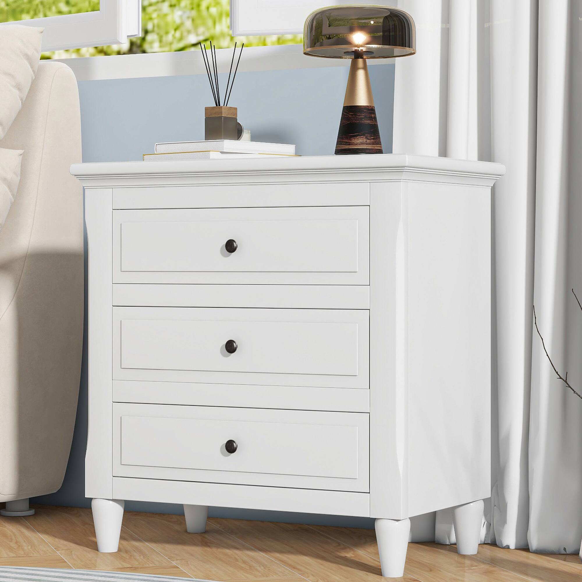 Angle. Spaco - Spaco Modern Nightstand with 3 Drawers, Smooth Gliding Rails, Metal Handle, Rubber Legs for Bedroom and Living Room - White.