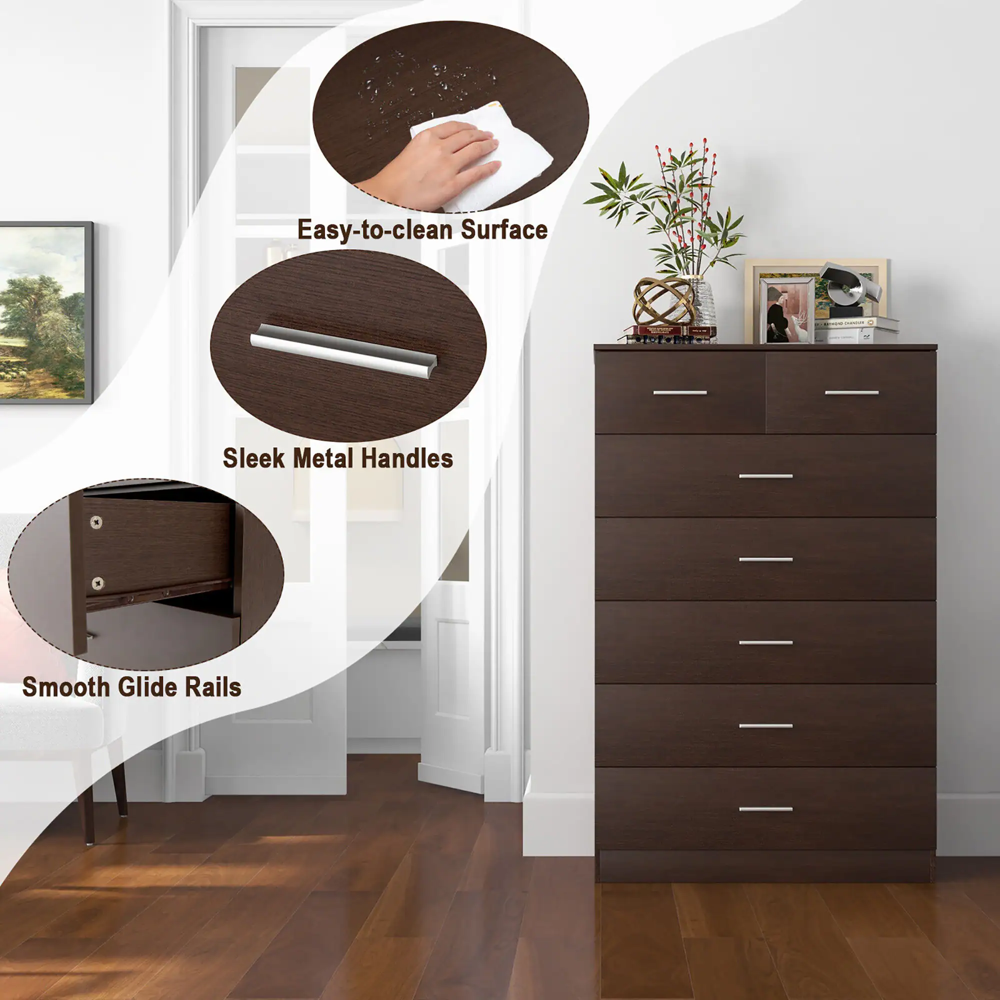 Easy-to-clean Surface  
Sleek Metal Handles  
Smooth Glide Rails